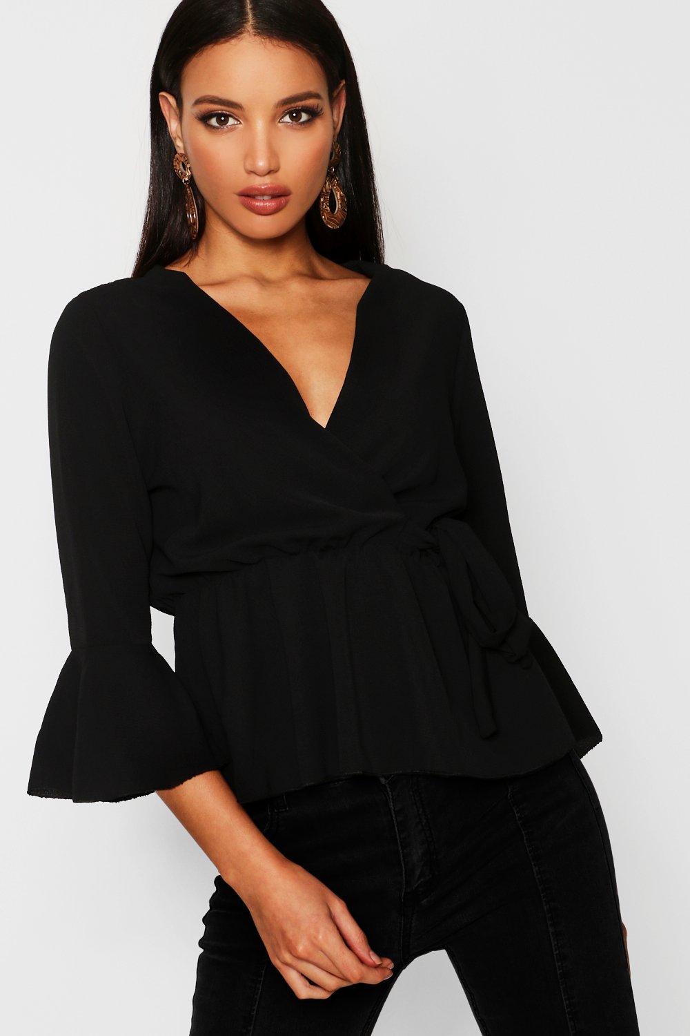 

Wrap Over Tie Blouse, Black