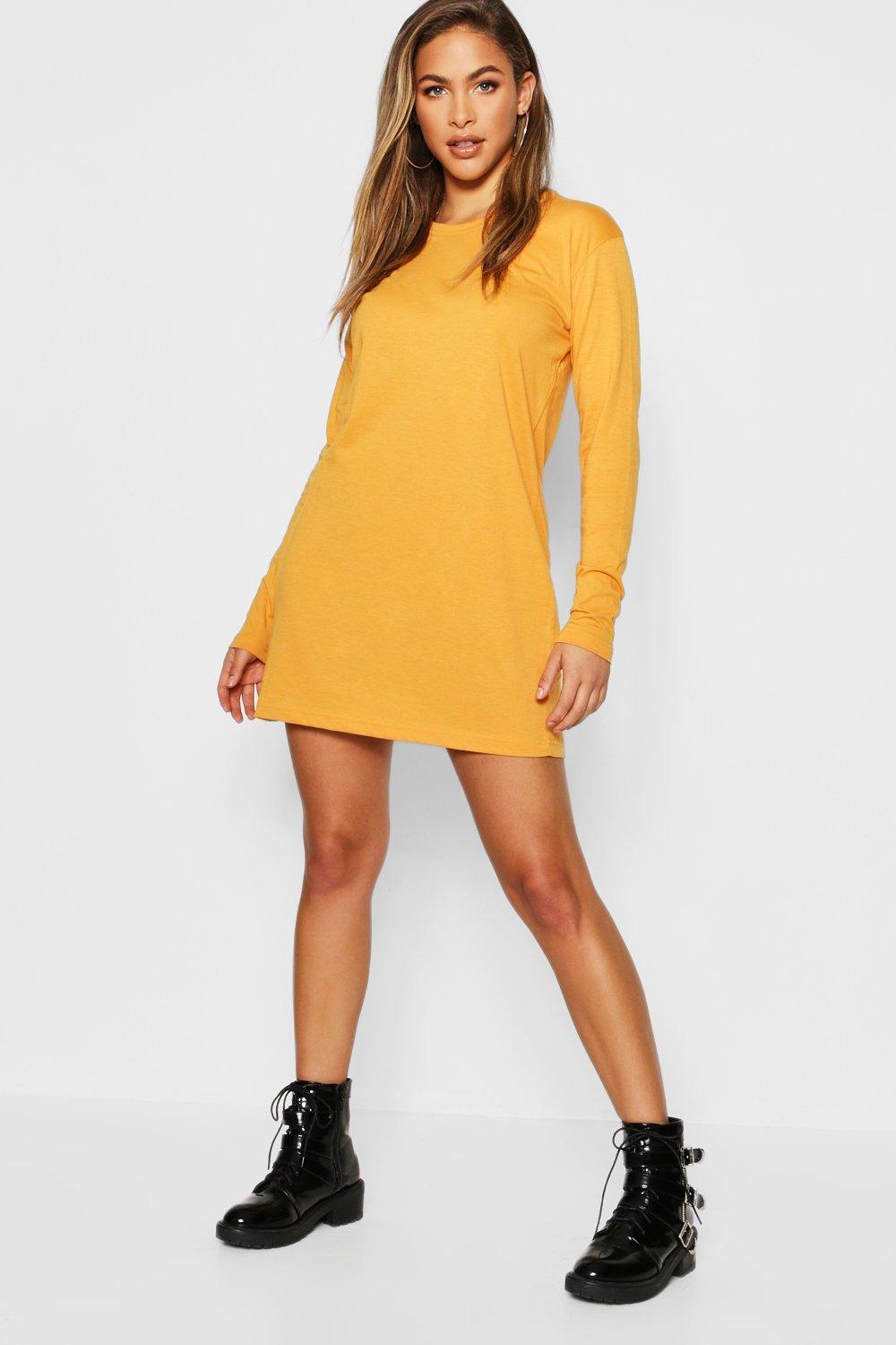 

Cotton Long Sleeve Oversized T-Shirt Dress, Mustard