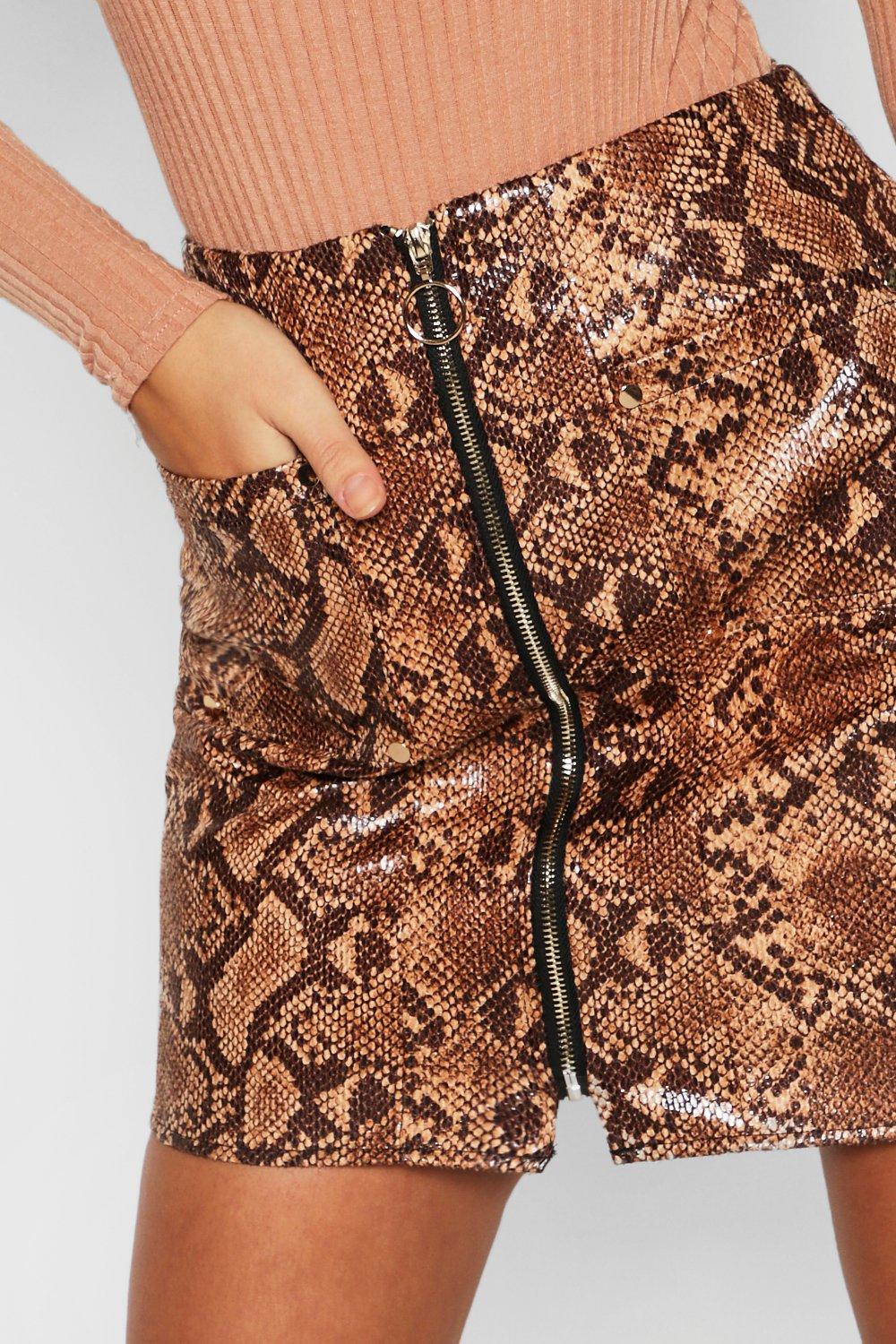 

Snakeskin PU Zip Front Mini Skirt, Brown