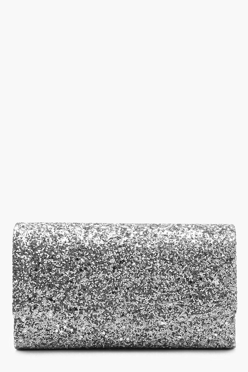 Womens Structured Glitter Envelope Clutch Bag With Chain - Grey - One Size, Grey