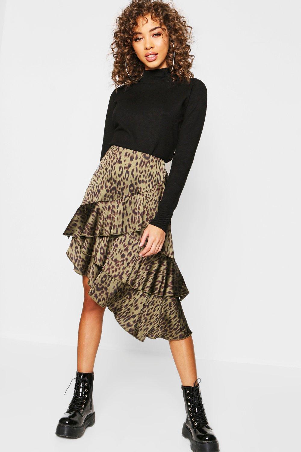 Satin Leopard Print Ruffle Midi Skirt | Boohoo
