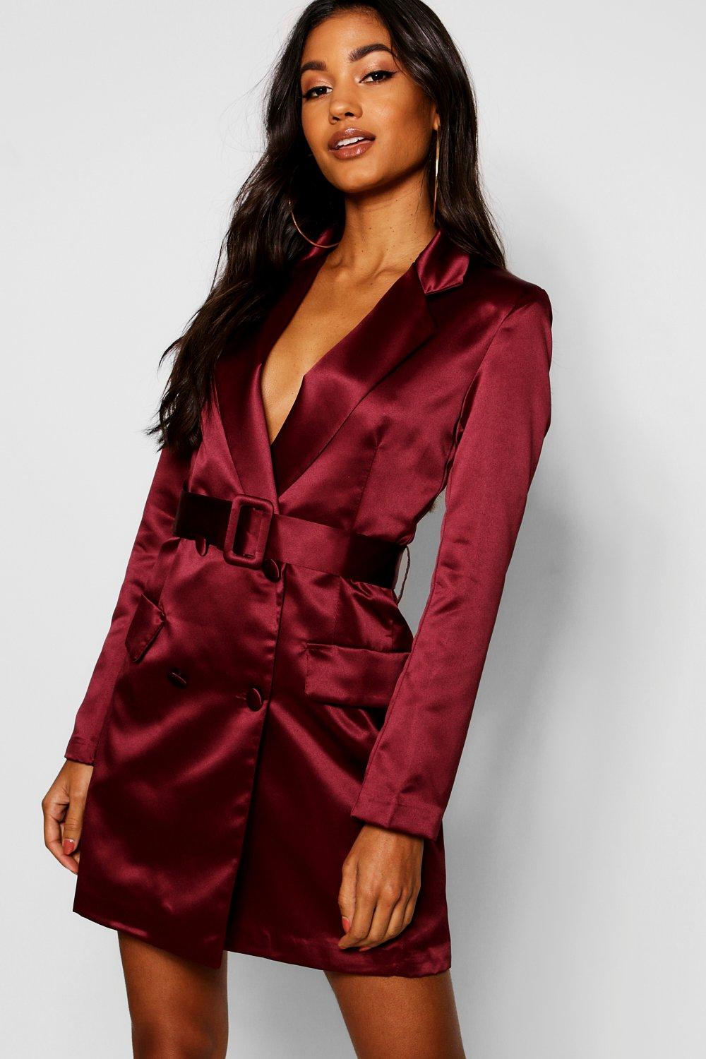 Satin Double Breasted Self Belted Blazer Dress | Boohoo