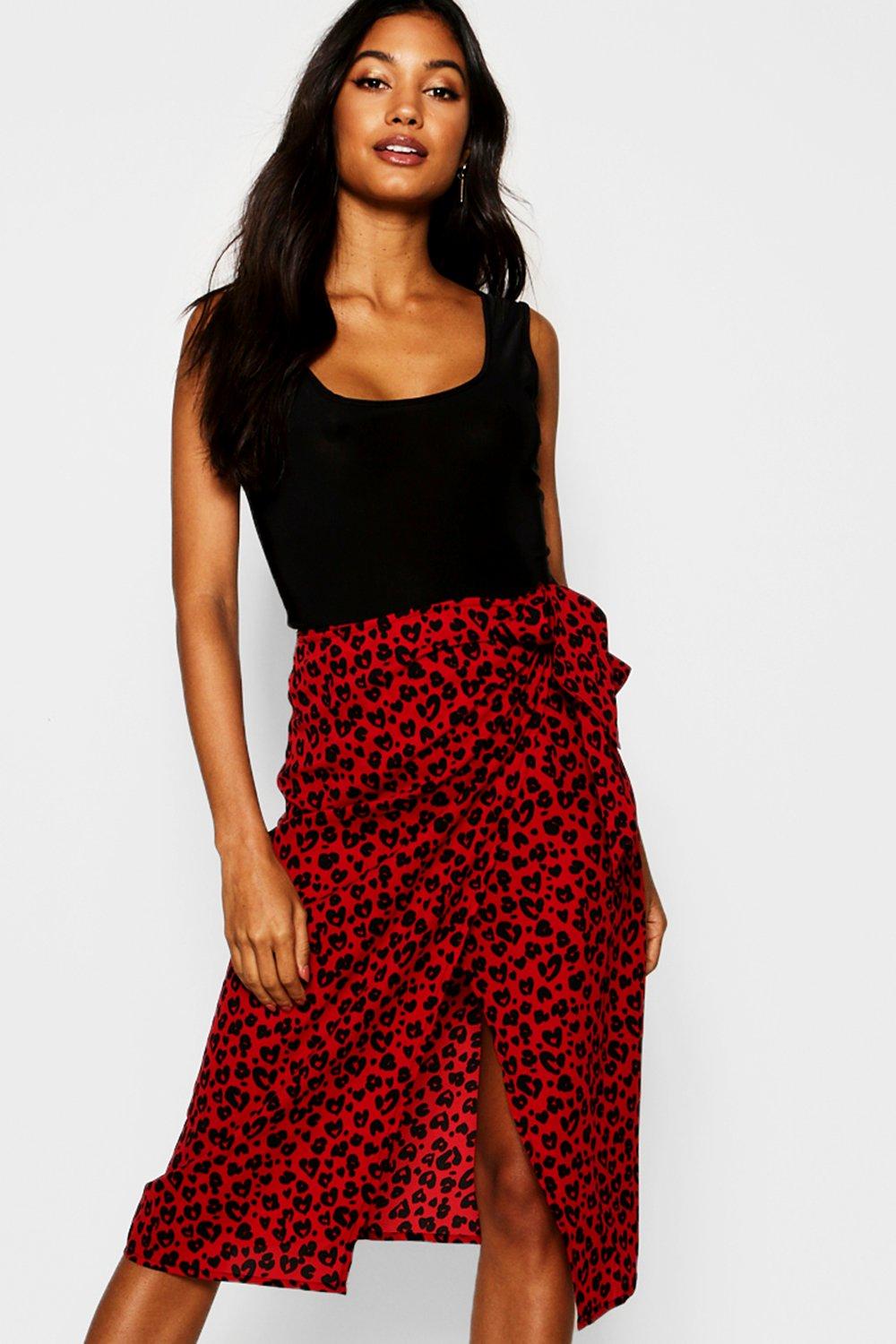 red leopard print midi skirt