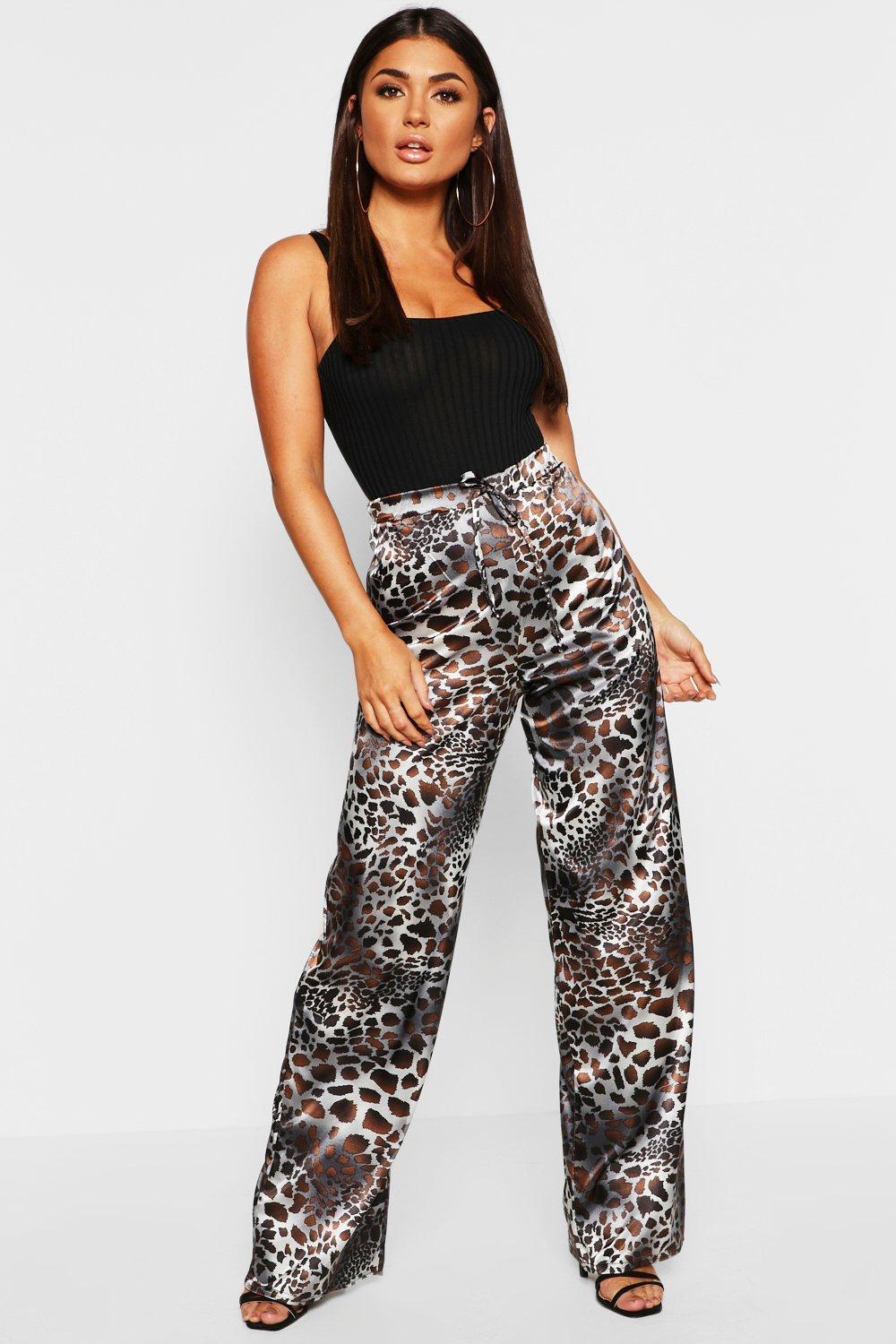 Leopard Print Satin Drawstring Wide Leg Pants Boohoo