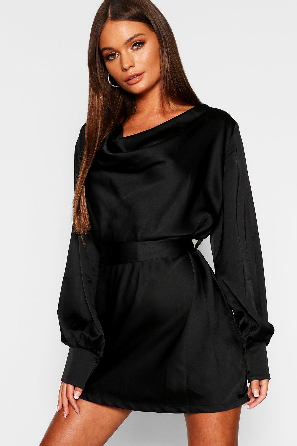 satin cowl neck shift dress