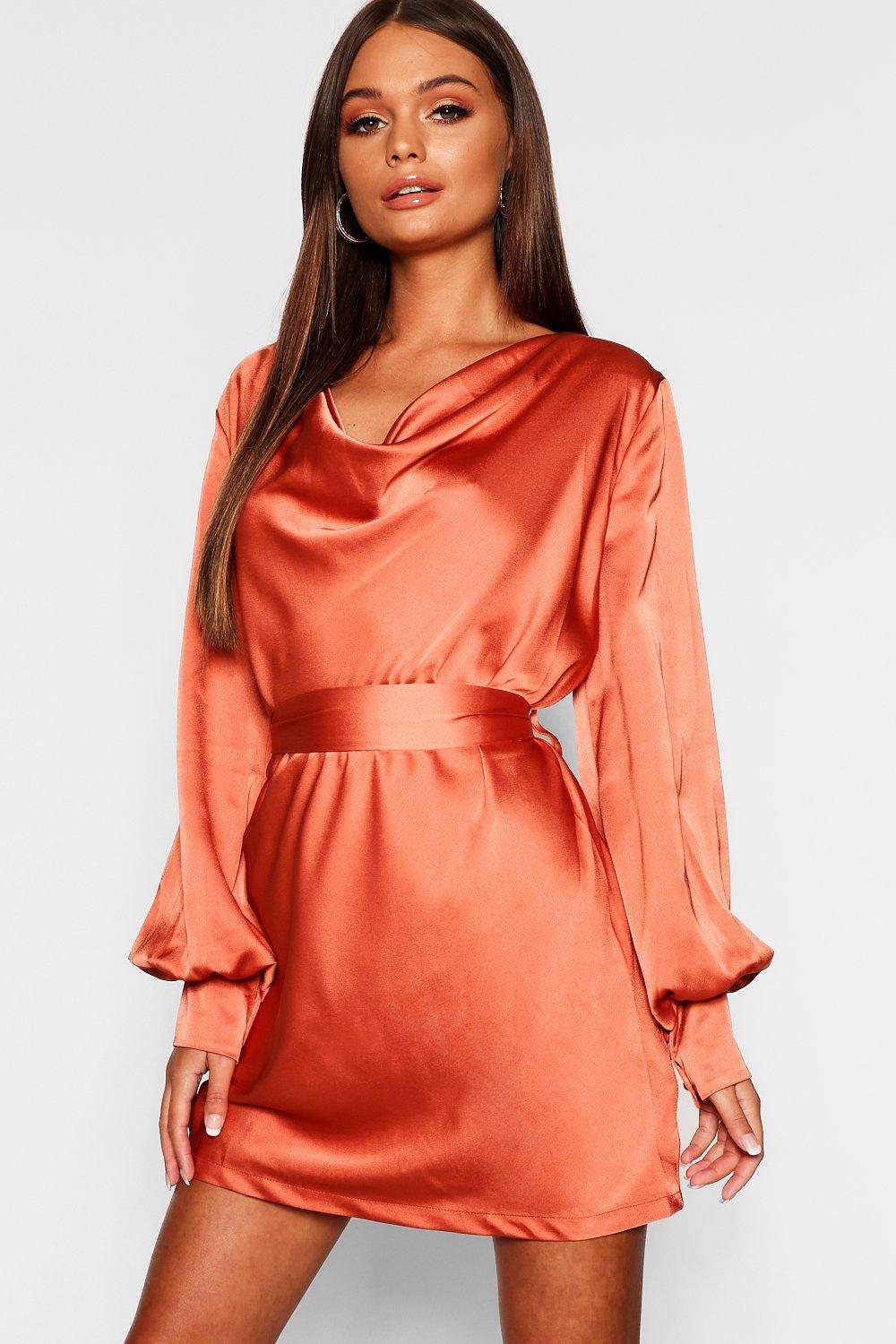 satin cowl neck shift dress