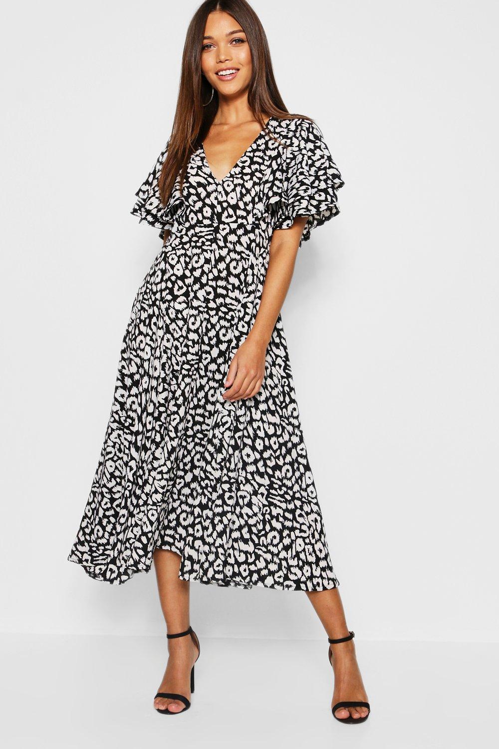 

Leopard Print Ruffle Angel Sleeve Midi Dress, Black