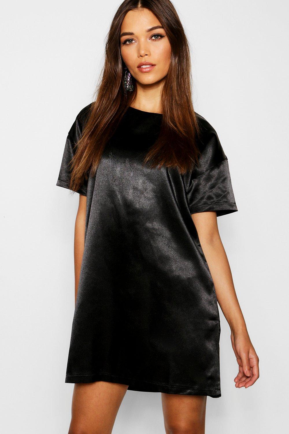 black satin shift dress