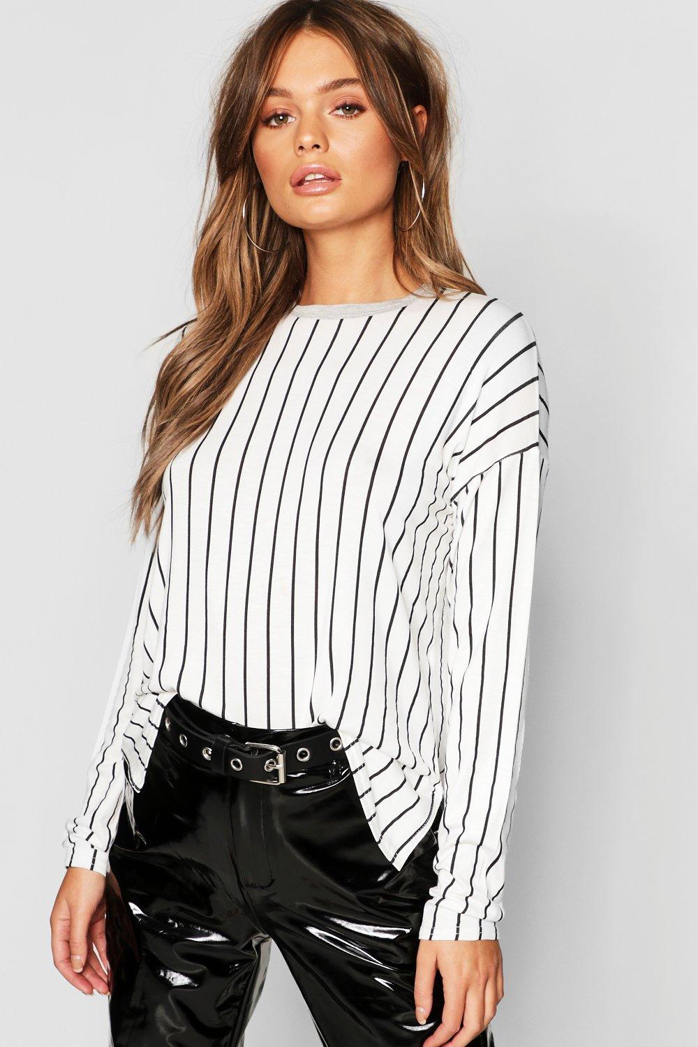 

Stripe Split Side Long Sleeve T-Shirt, White