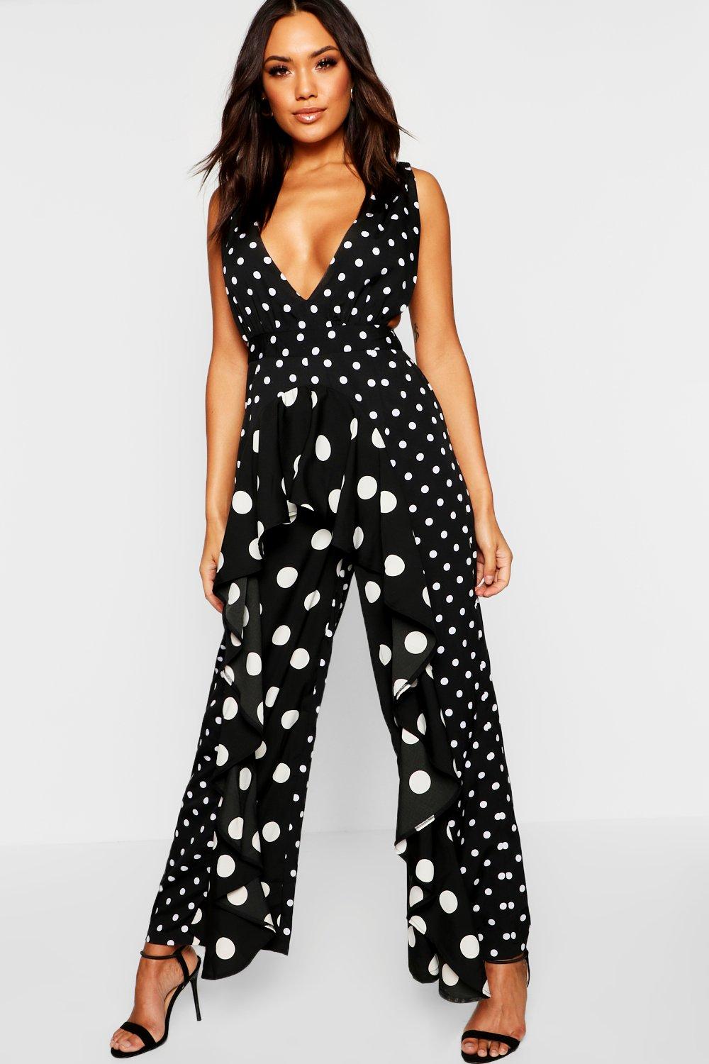 

Pinafore Polka Dot Ruffle Jumpsuit, Black