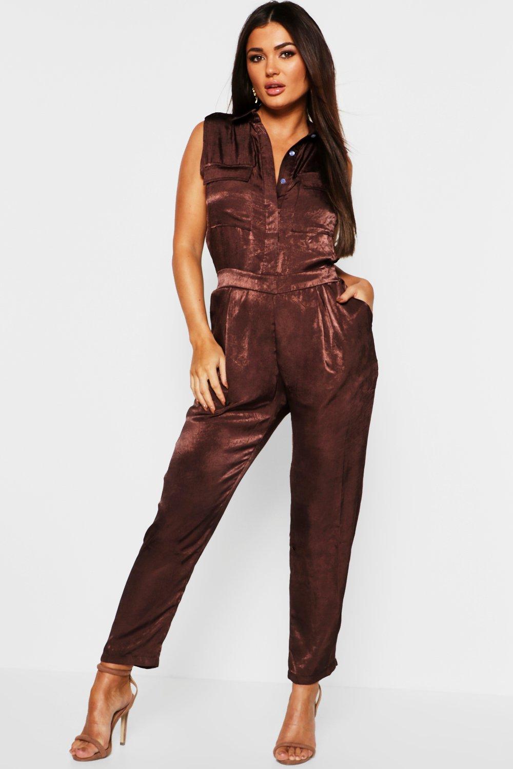

Satin Utility Cargo Pocket Jumpsuit, Chocolate