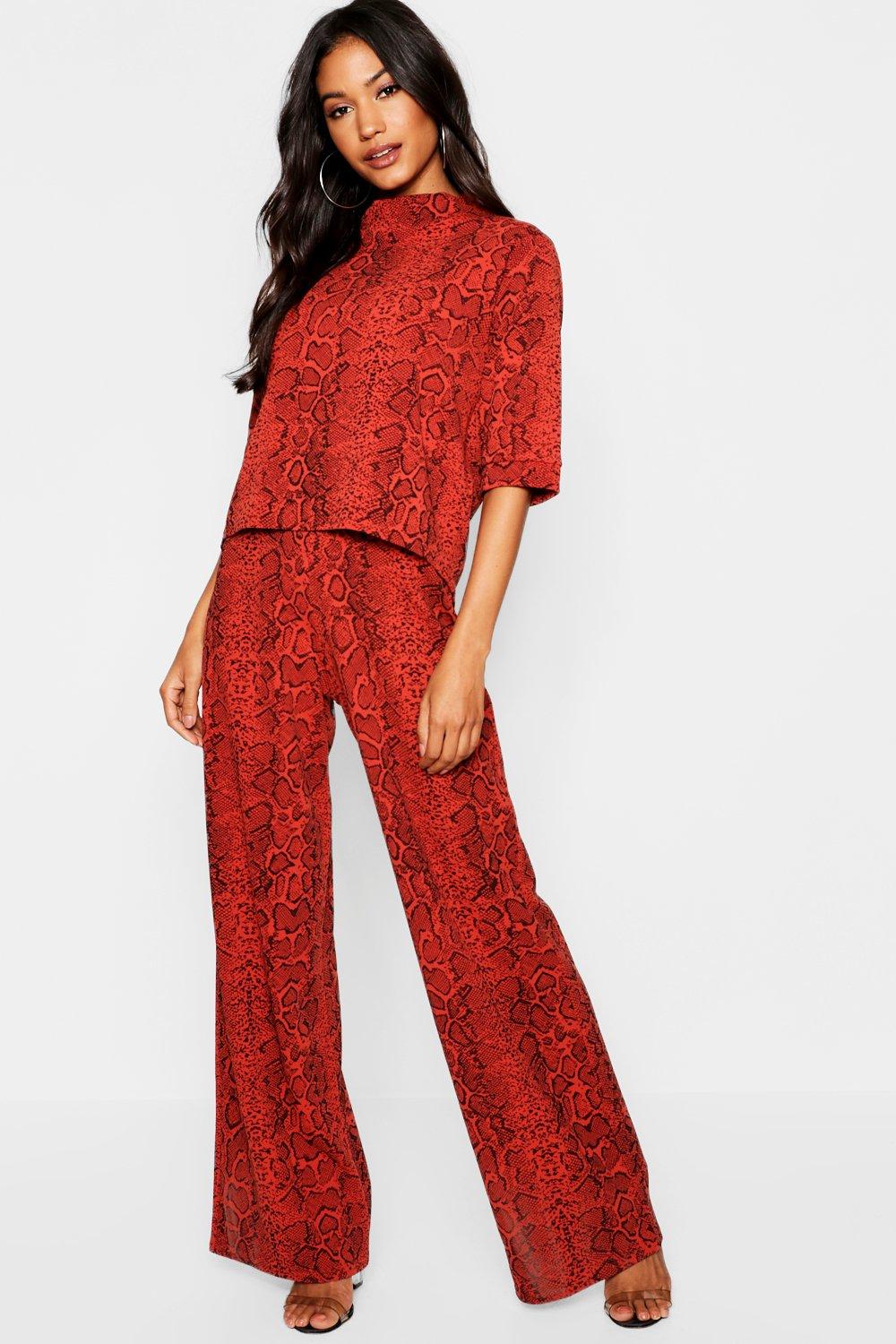 

High Neck Snake Print Top + Wide Leg Trouser Co-Ord, Rust