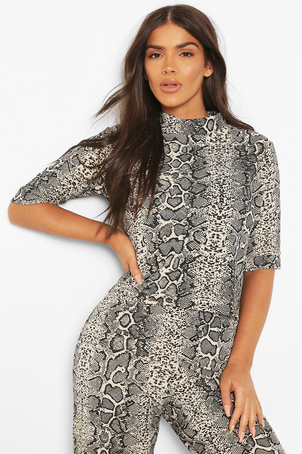 

High Neck Snake Print Top + Wide Leg Trouser Co-Ord, Stone