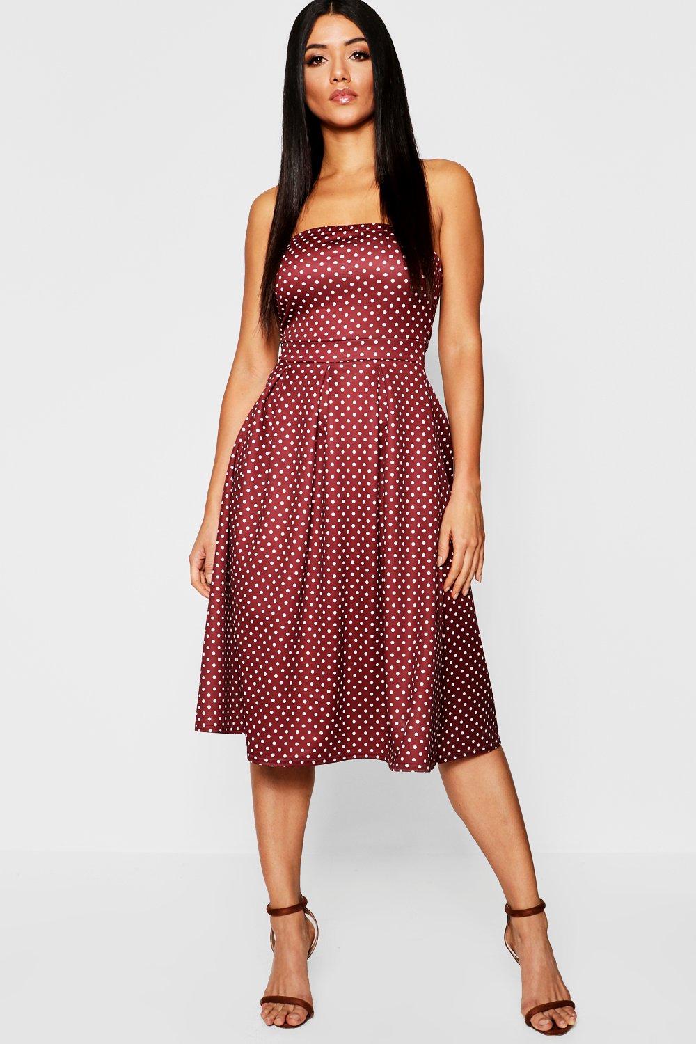 

Polka Dot Bandeau Midi Skater Dress, Berry