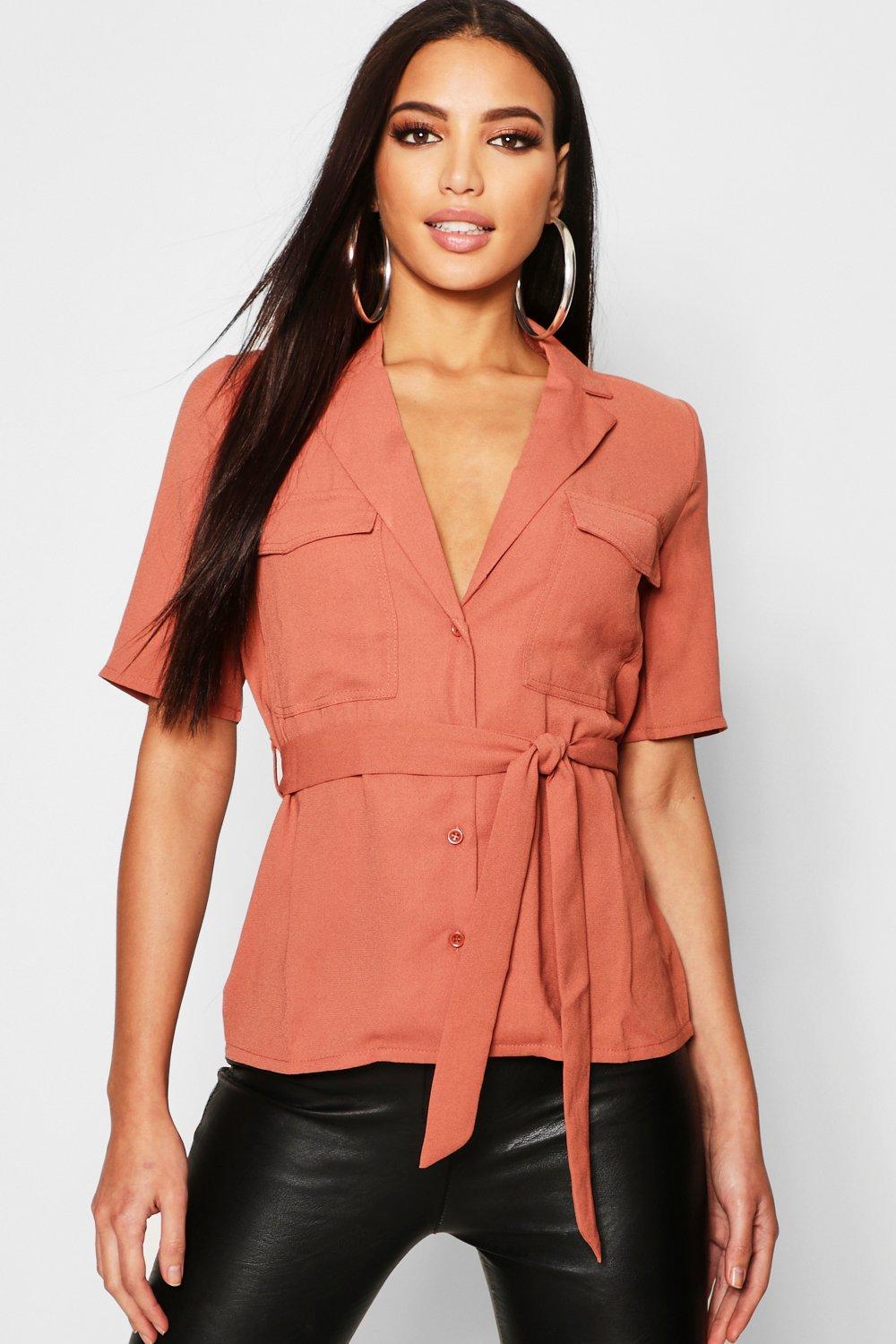 

Button Tie Waist Utility Shirt, Rust