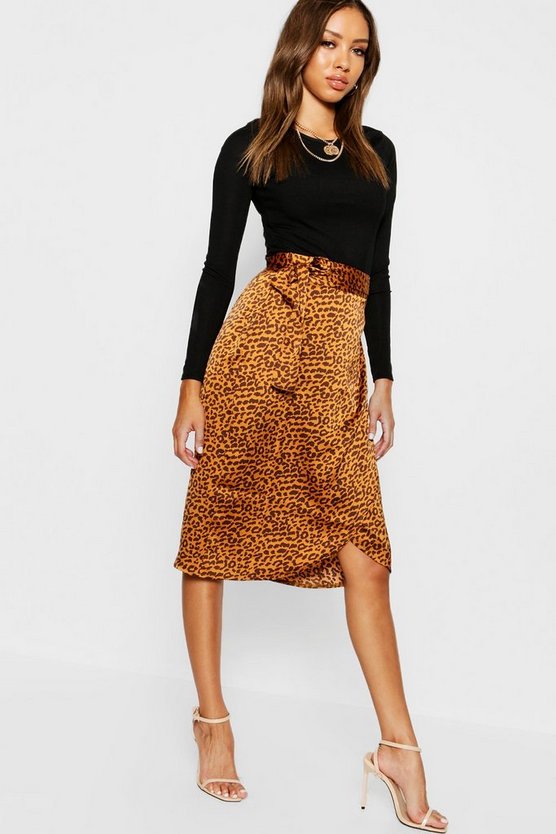 Leopard Satin Wrap Midi Skirt | Boohoo