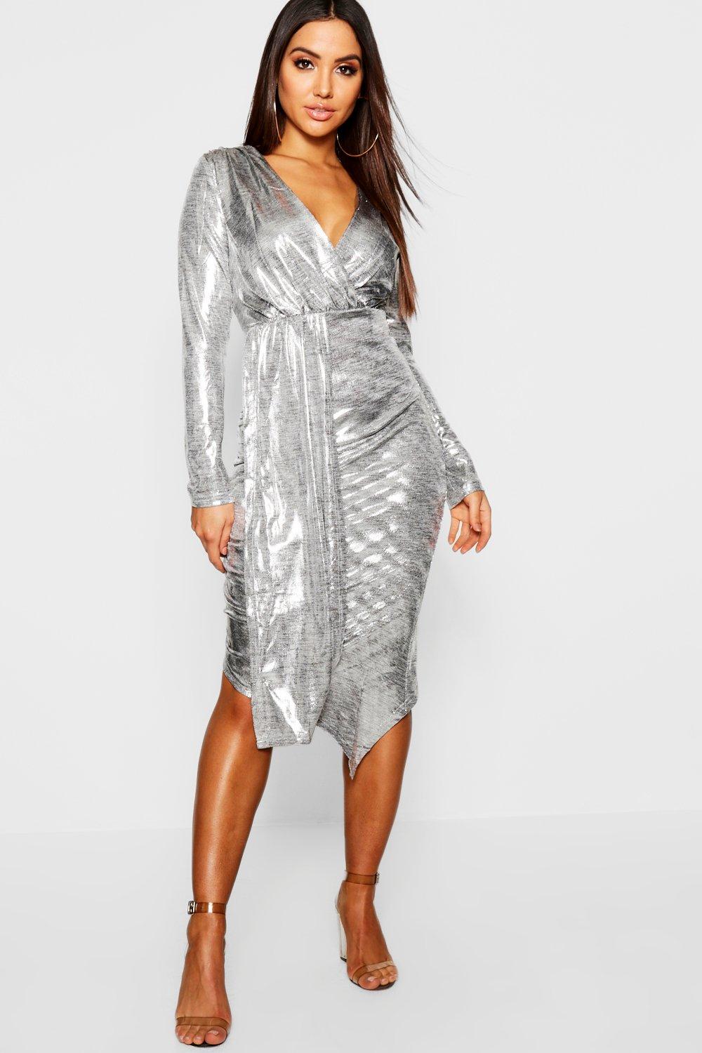 divine metallic wrap dress