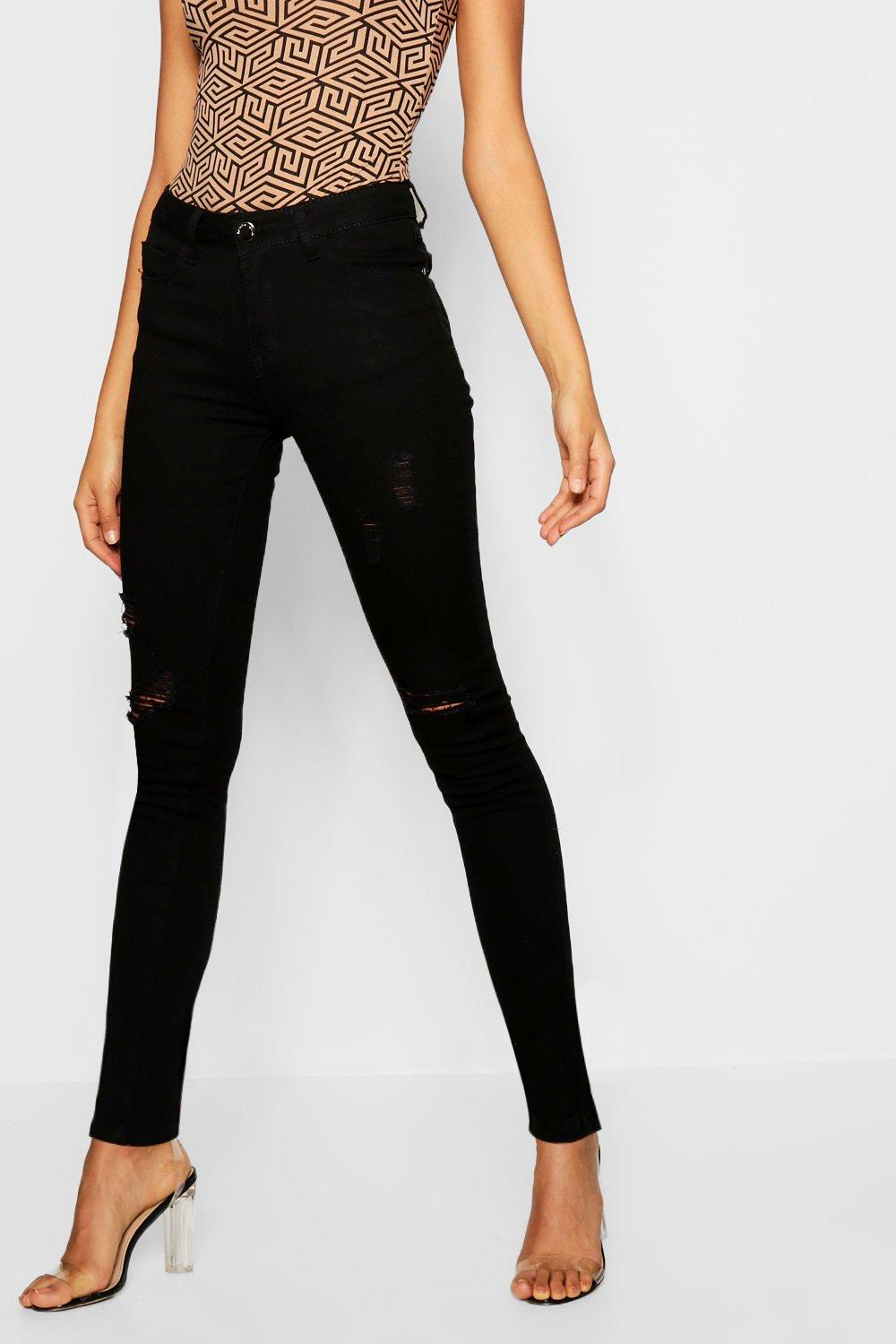 black high waisted distressed skinny jeans