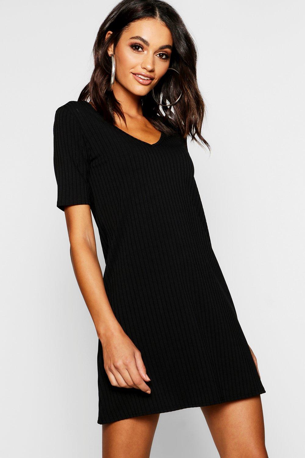 black v neck swing dress