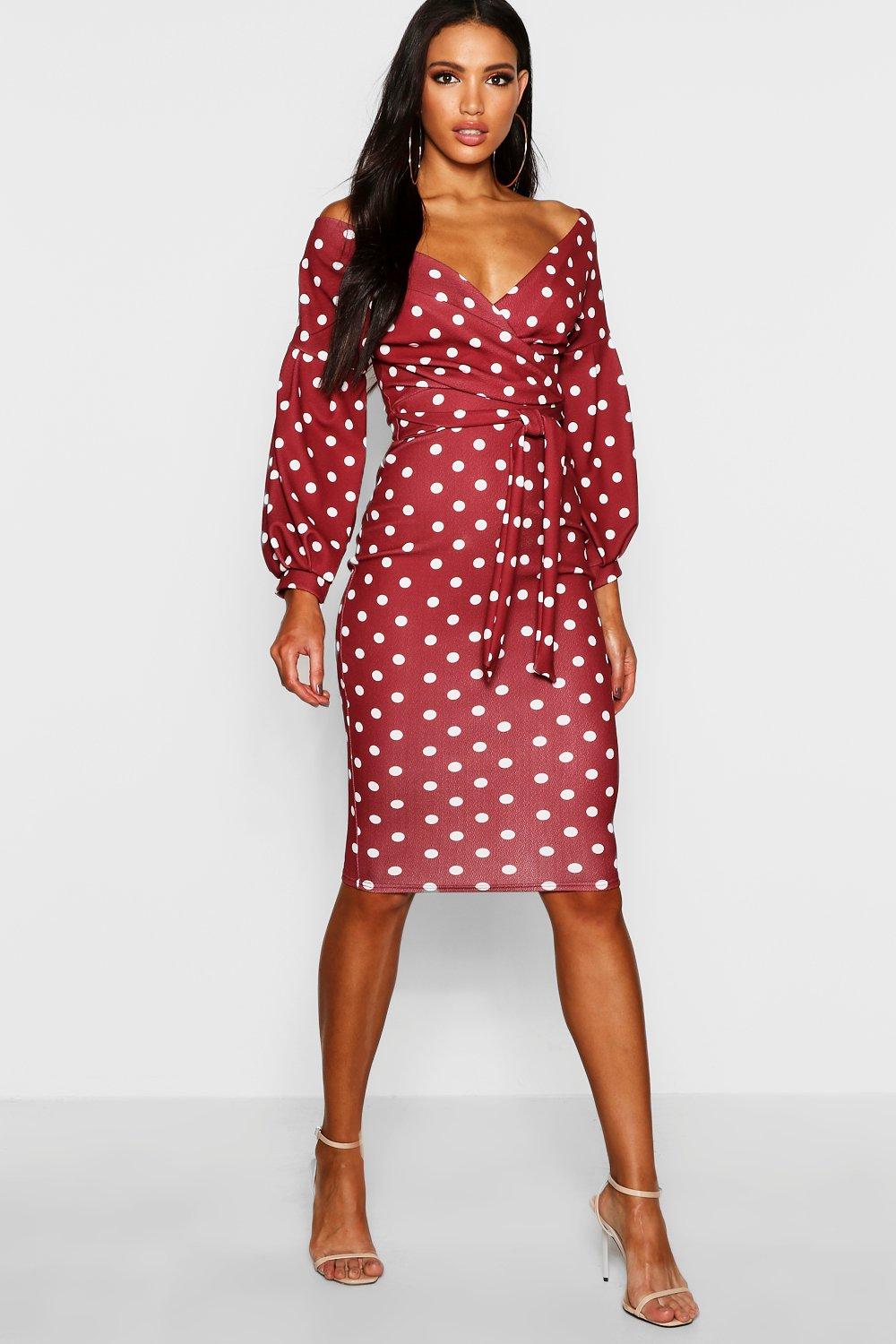 red polka dot off the shoulder dress