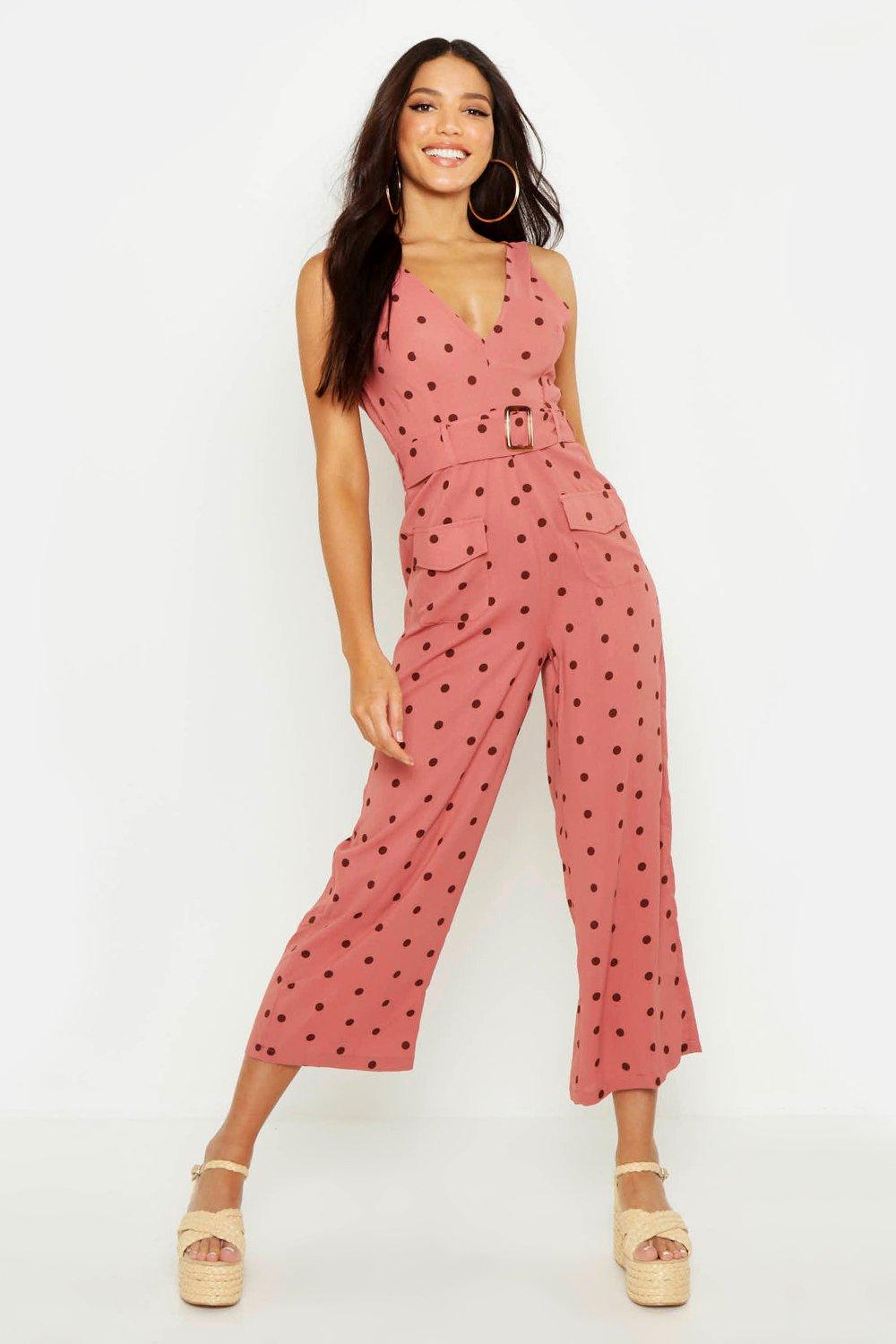 

Polka Dot Tortoise Shell Buckle Jumpsuit, Розовый