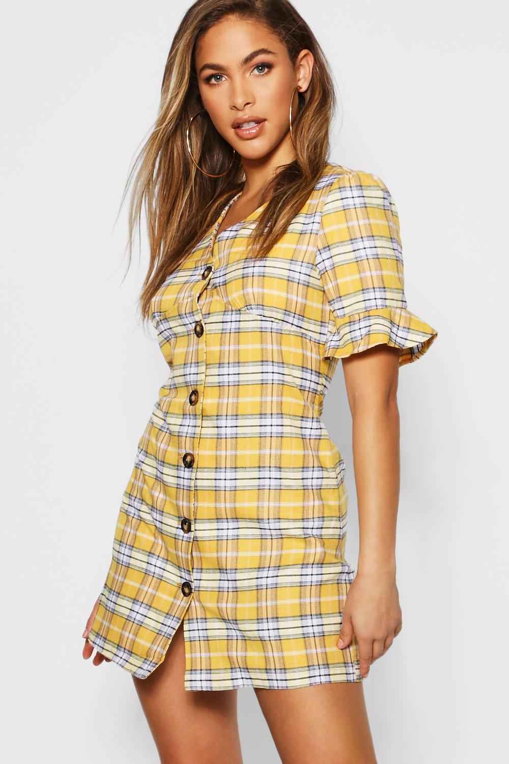 

90's Check Horn Button Shift Dress, Горчичный