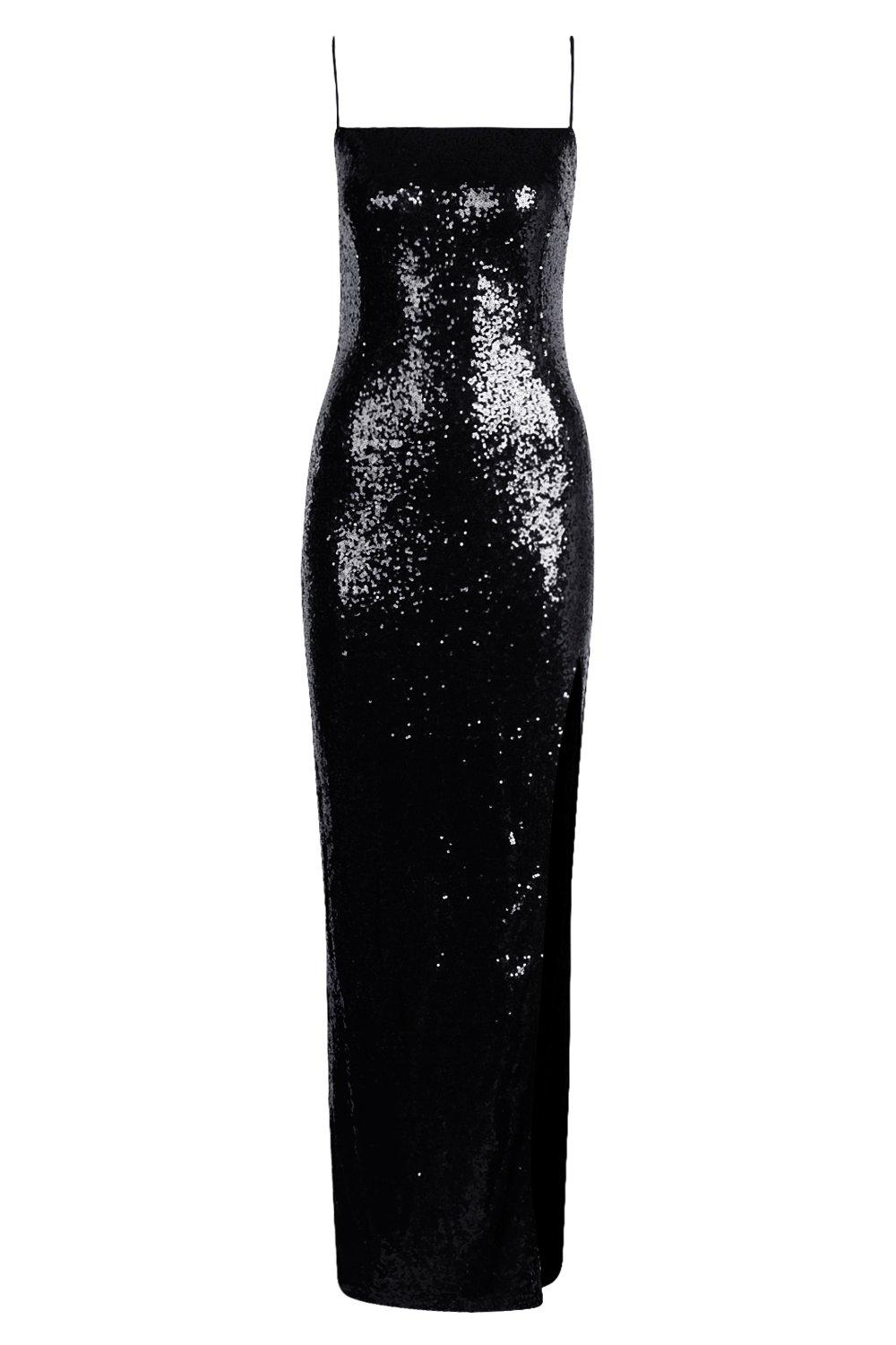 

Sequin Square Neck Side Split Maxi Dress, Черный