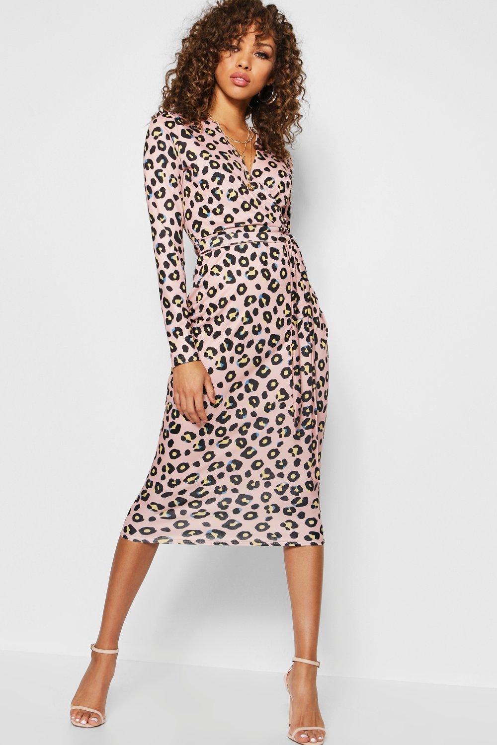 Leopard Print Wrap Collared Dress Midi | Boohoo