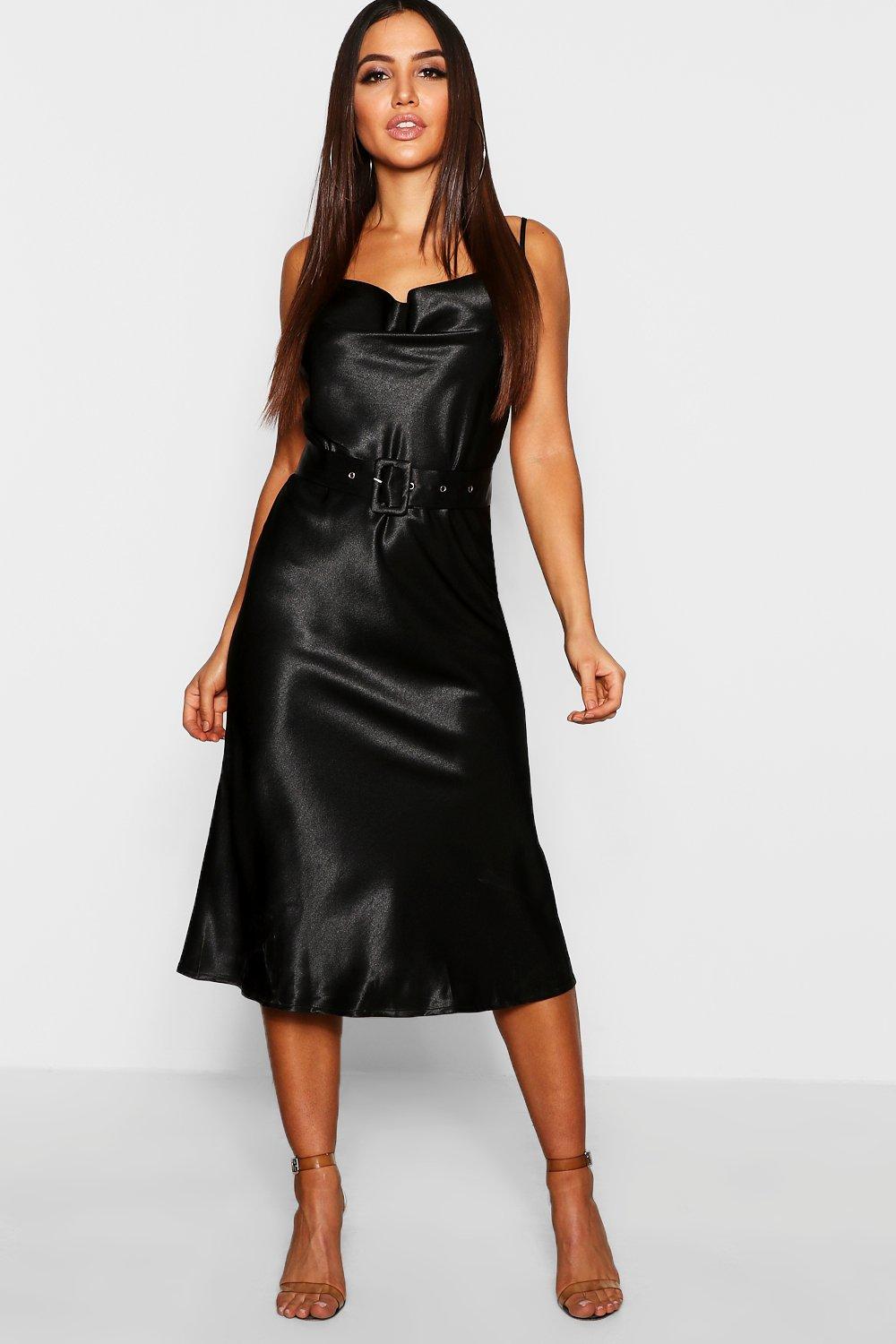 black cowl neck midi dress