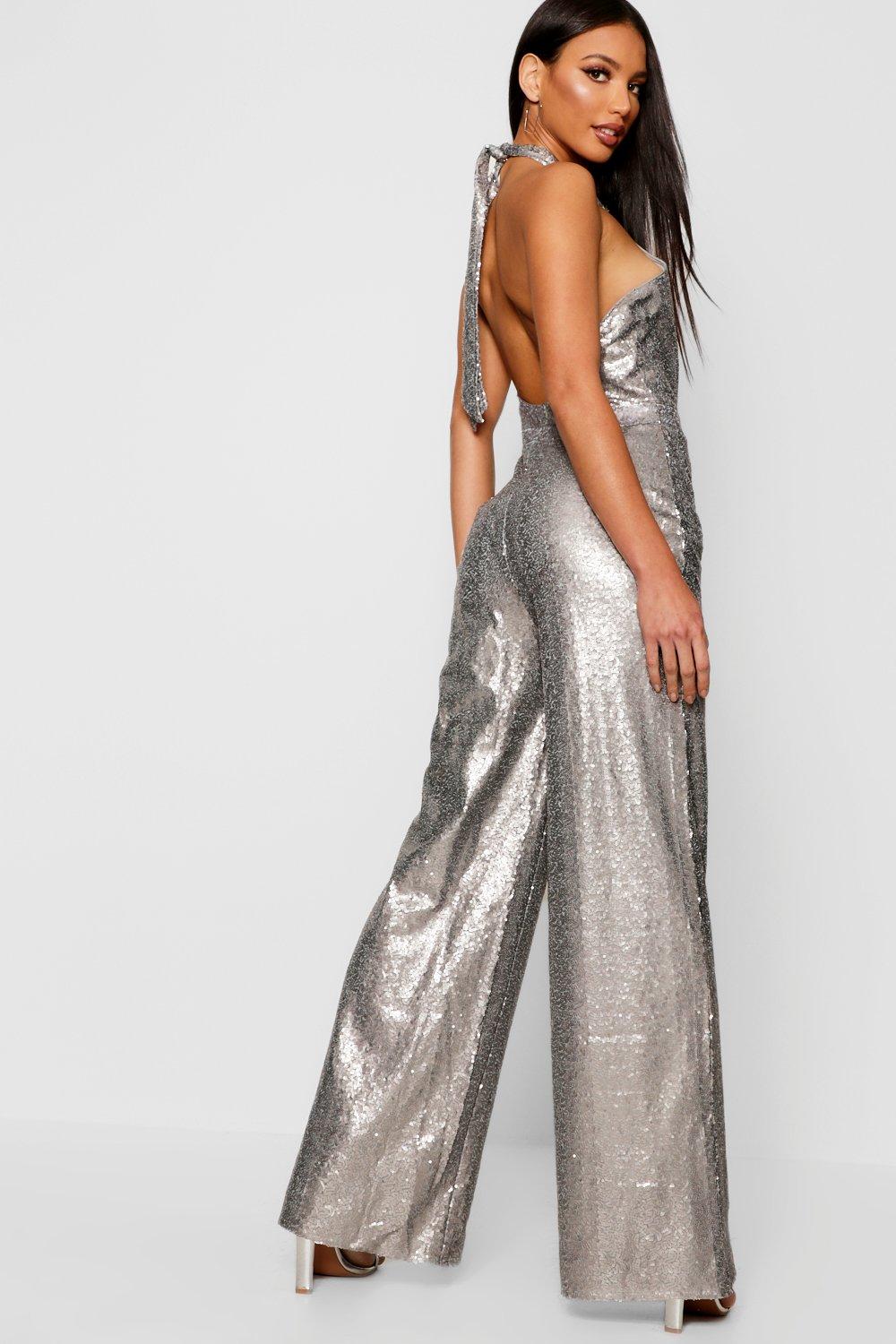 sequin halter neck jumpsuit