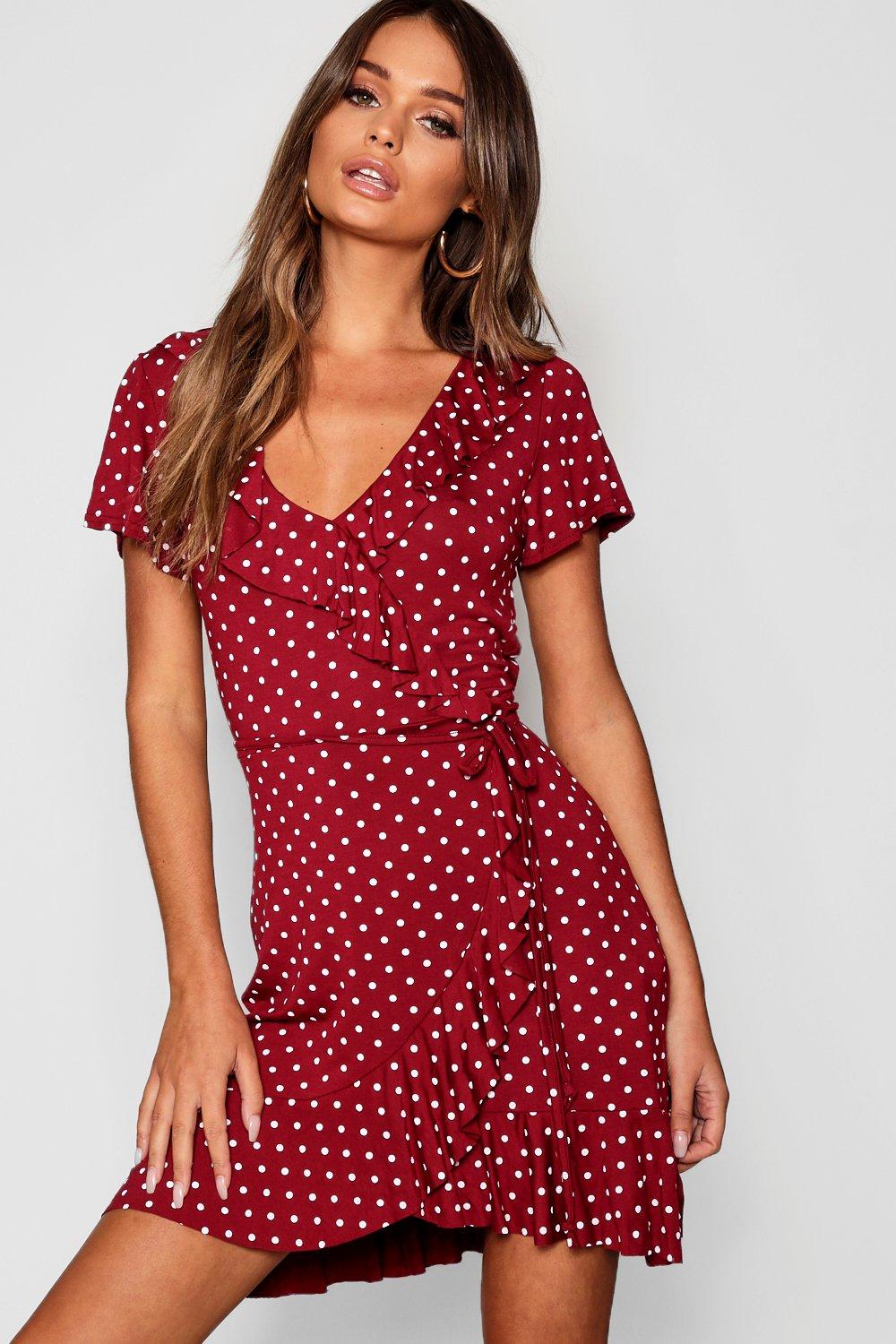 polka dot wrap front ruffle tea dress