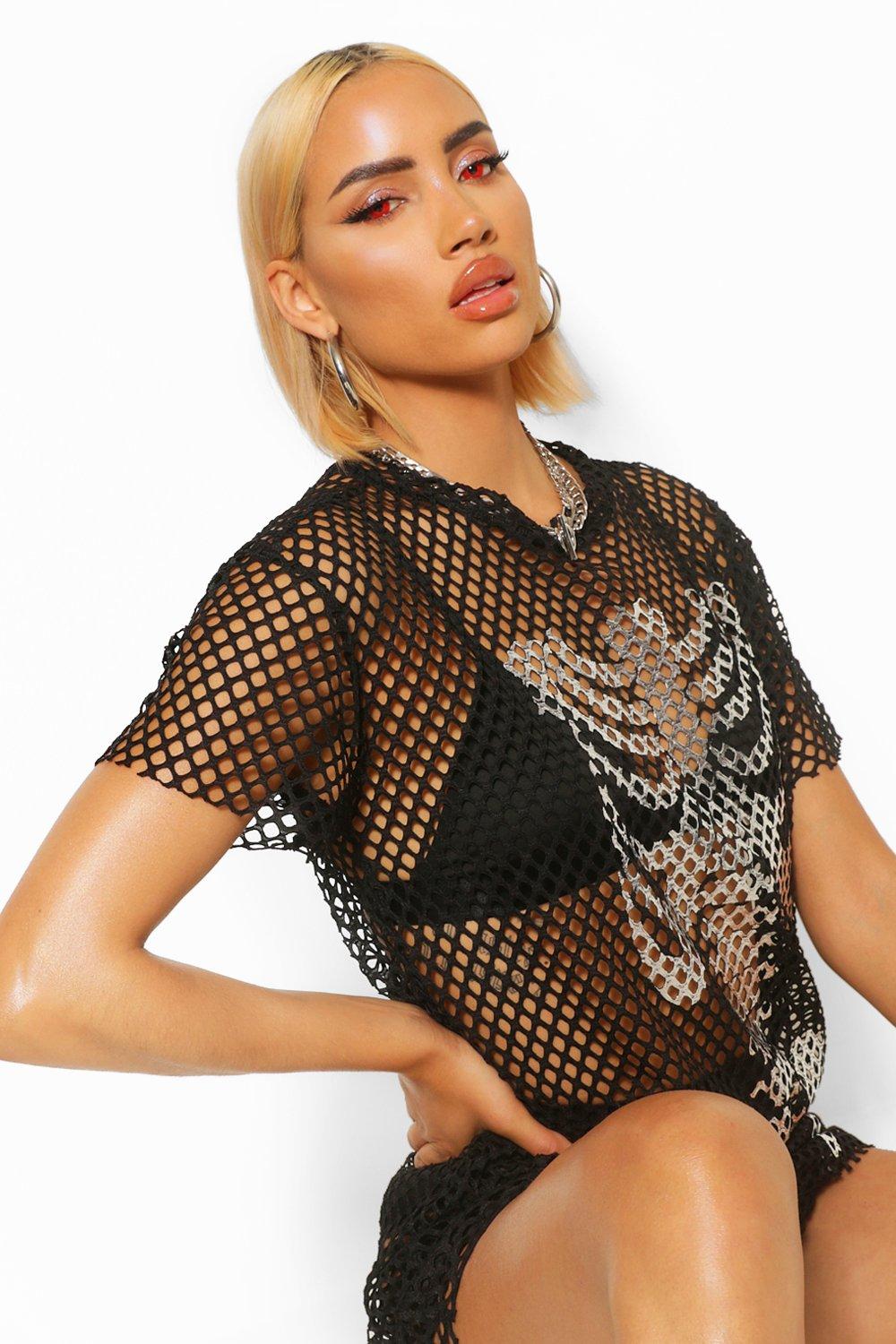 

Halloween Foil Print Fishnet Skeleton T-Shirt Dress, Black