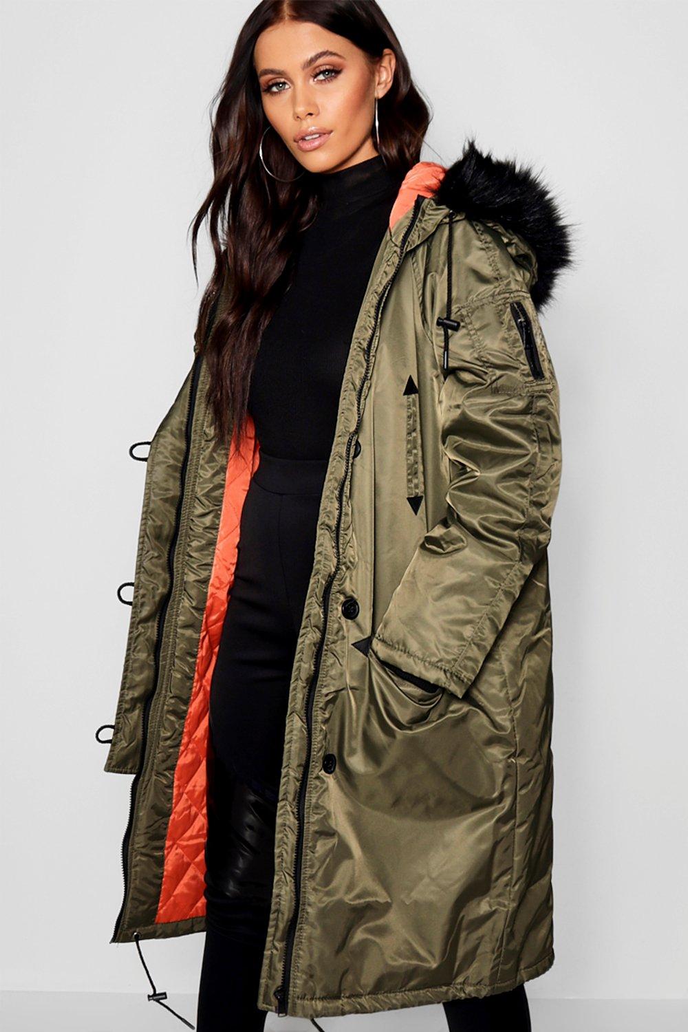 contrast lined faux fur hood parka coat