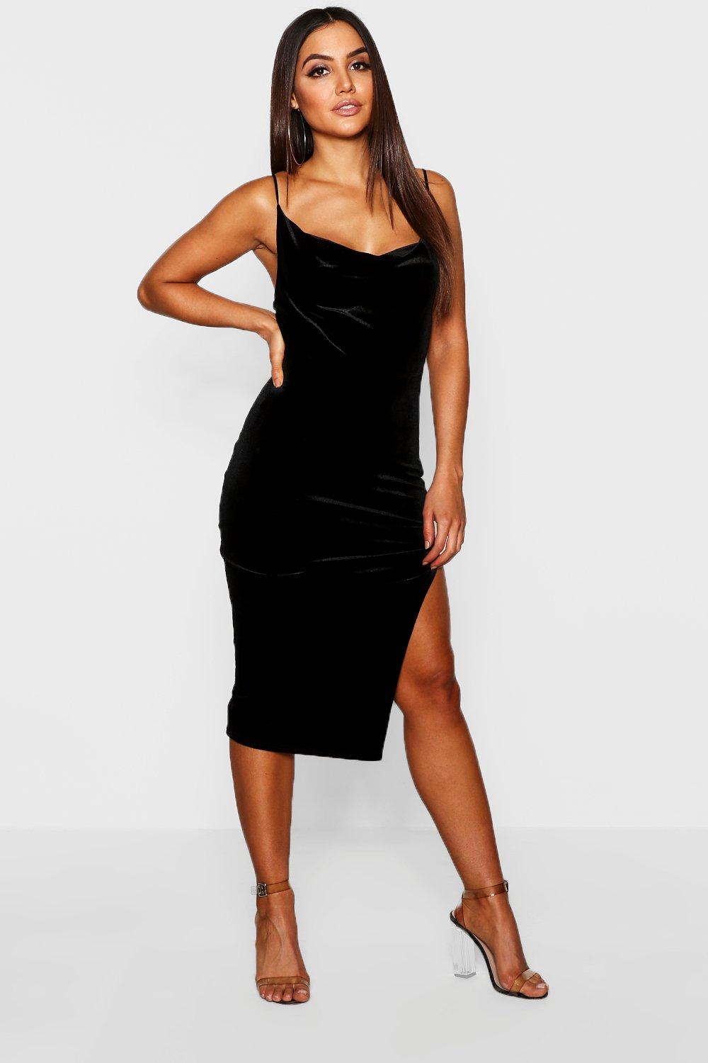 black velvet cowl neck dress