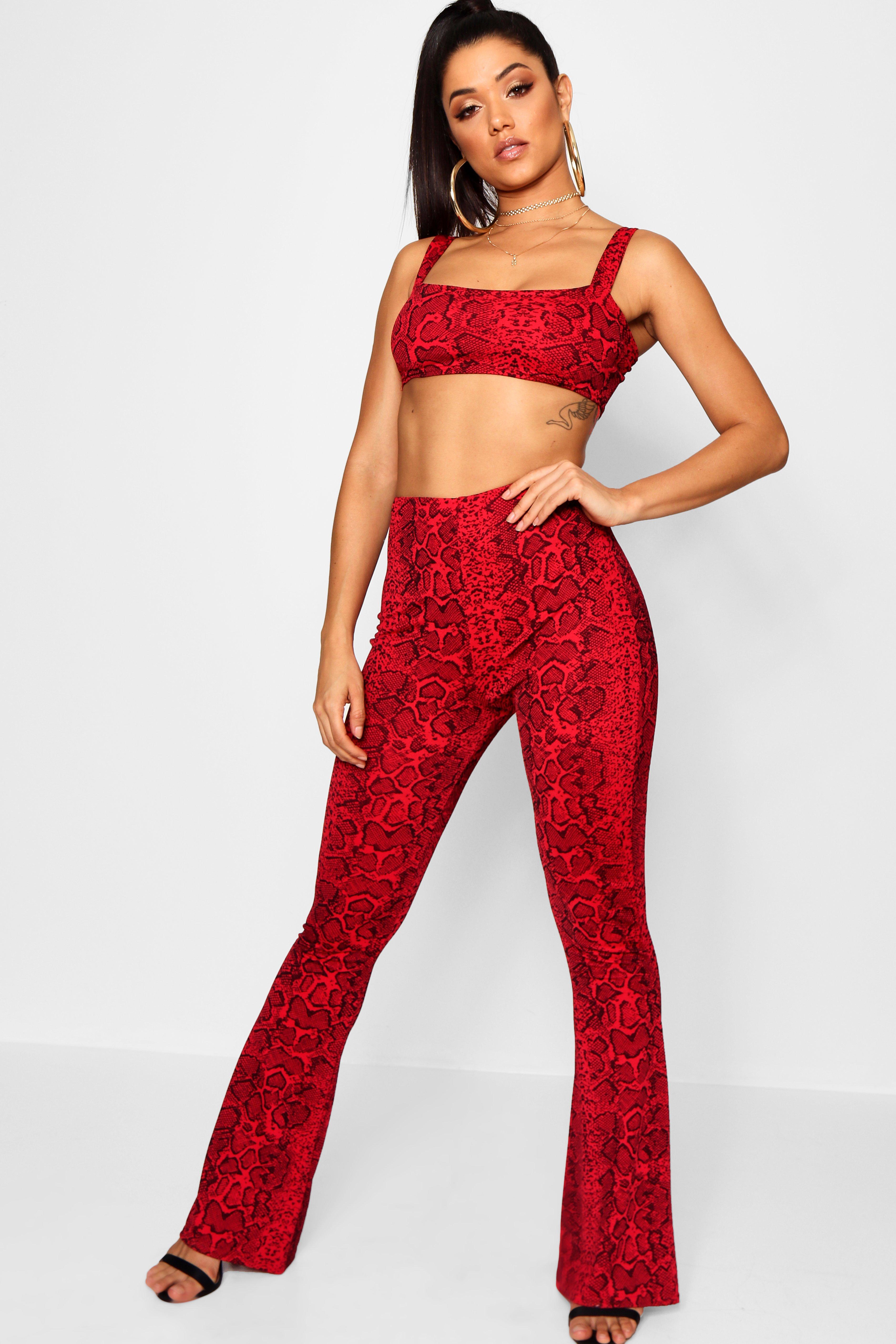 red snake print trousers