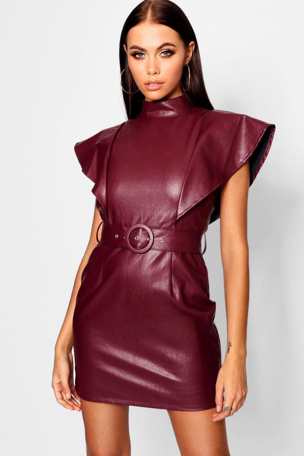 PU Belted Frill Shoulder Bodycon Dress 