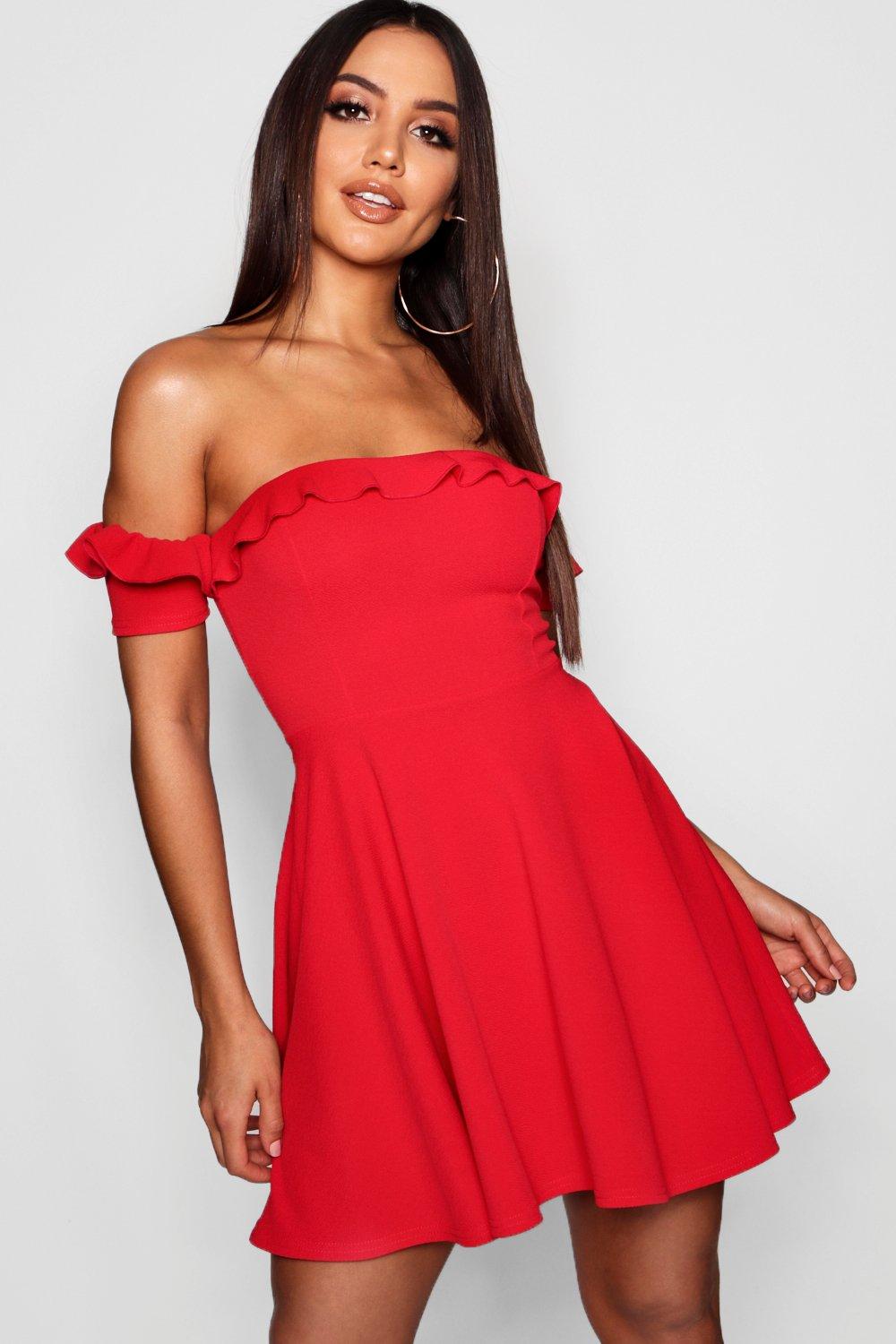 red off the shoulder frill dress