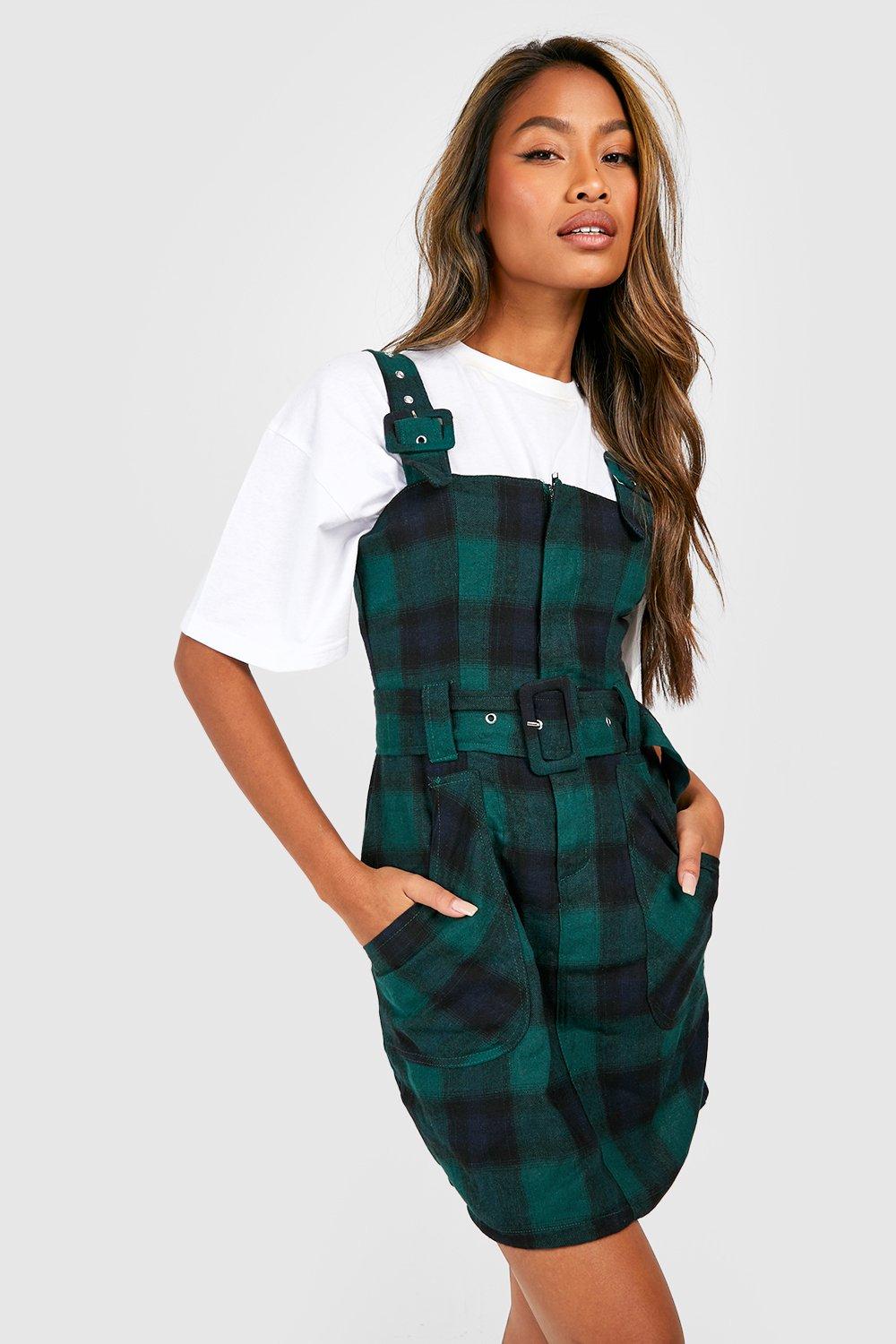 checked buckle detail pinafore dress