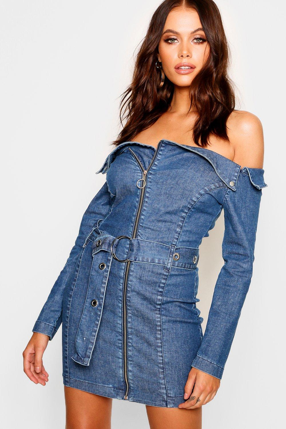 boohoo denim off the shoulder dress