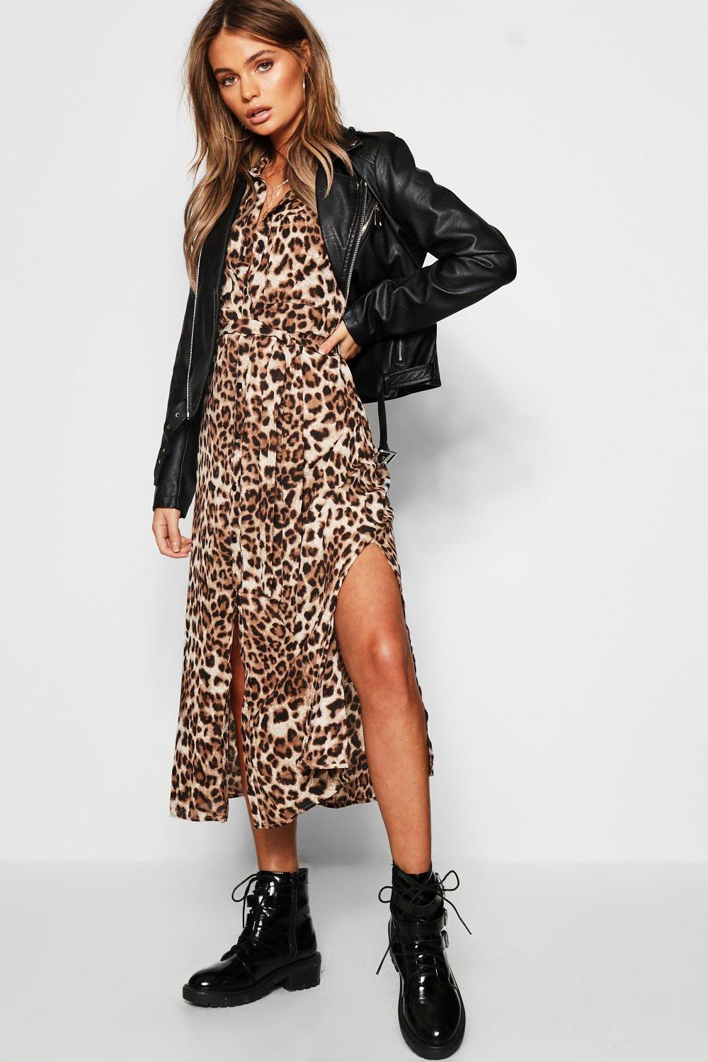 leopard print shirt midi dress