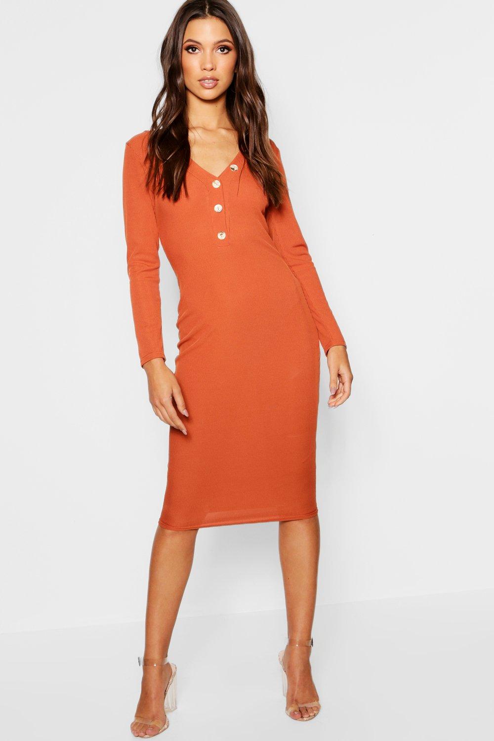 long sleeve button midi dress