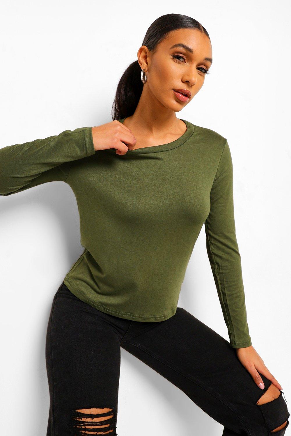 Womens Basic Long Sleeve Crew Neck T-Shirt - Green - 12, Green