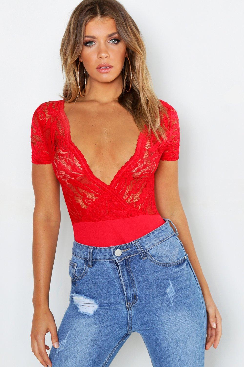 

Кружевное боди с короткими рукавами и запахом, Red