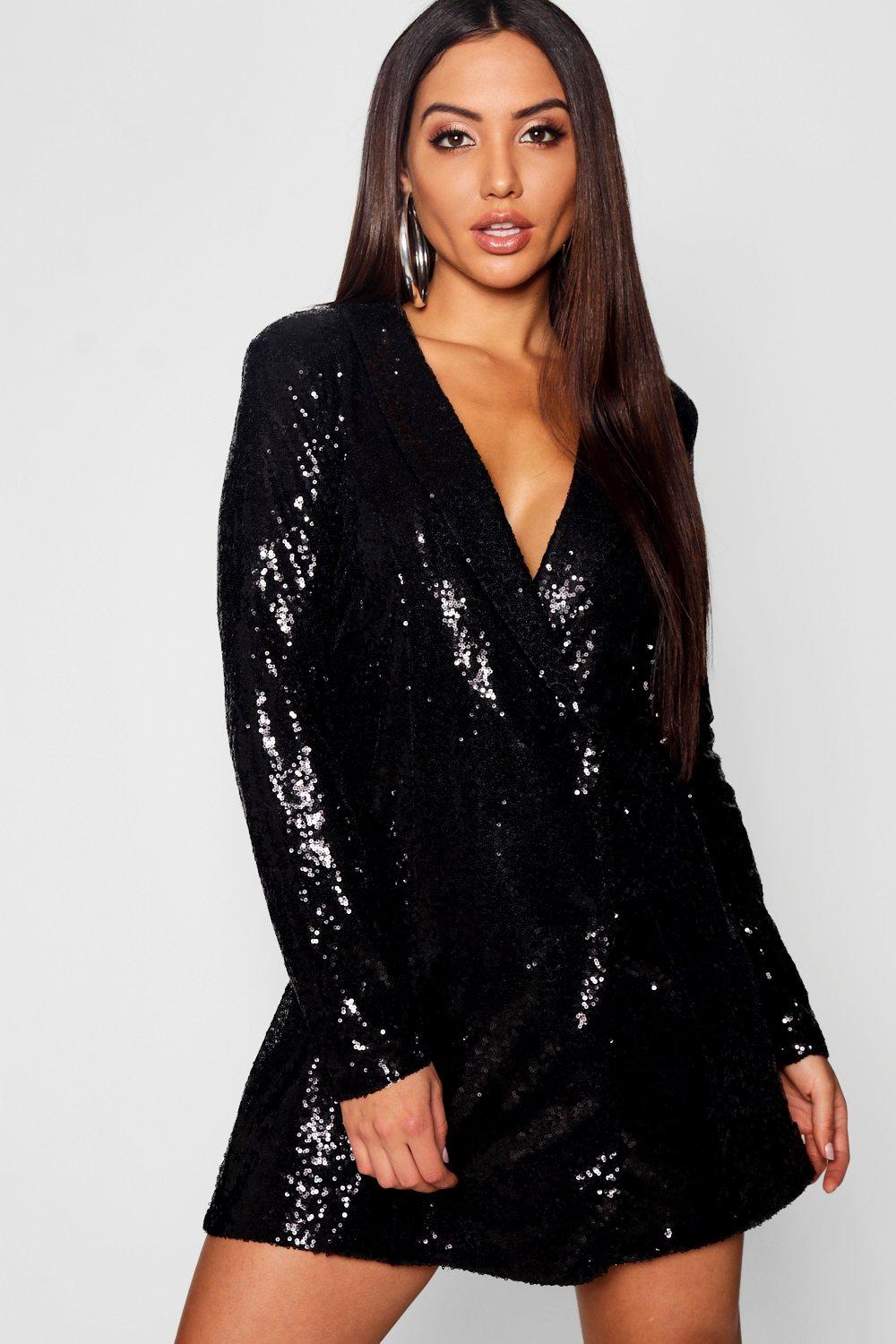 black sequin wrap dress