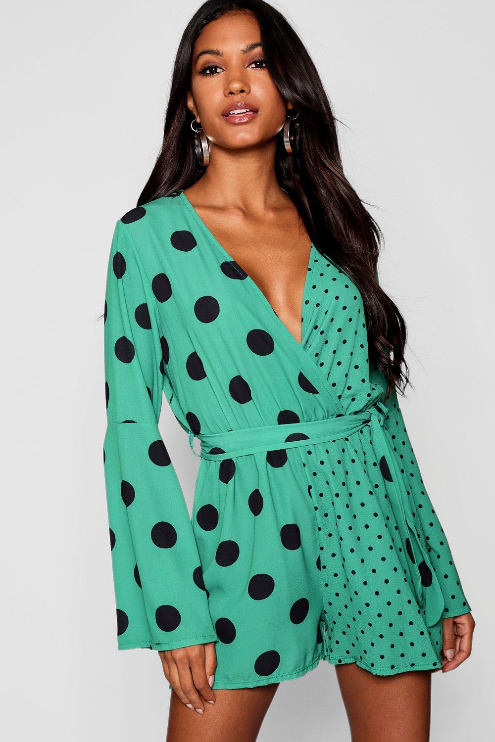 boohoo green polka dot jumpsuit