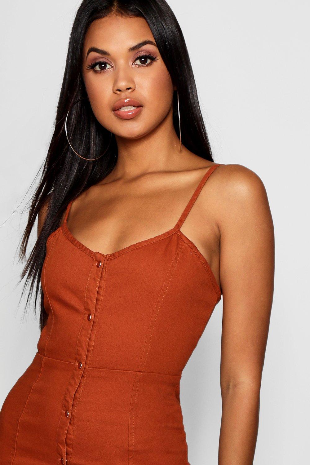 

Brick Strappy Popper Front Denim Dress