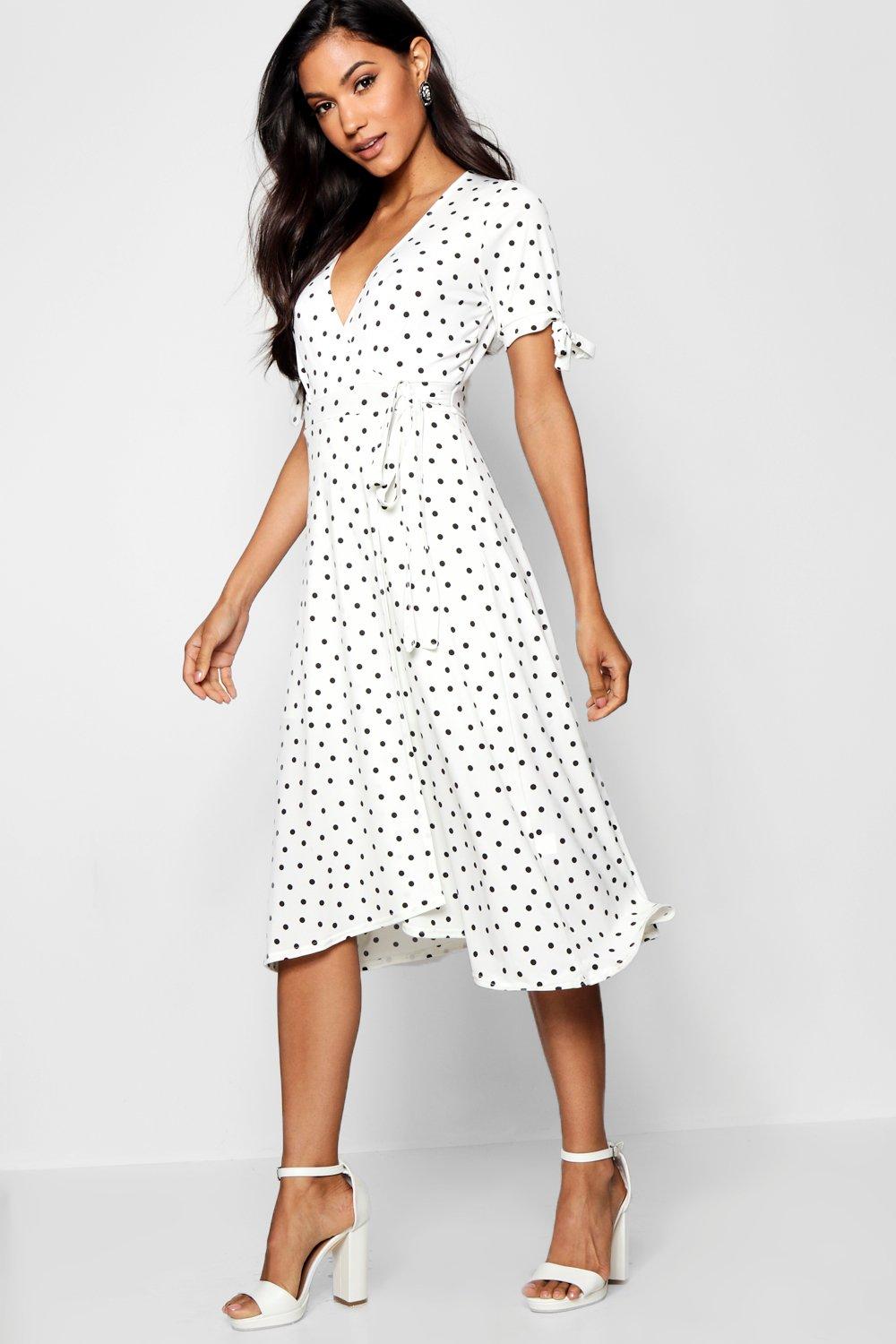 white polka dot dress midi