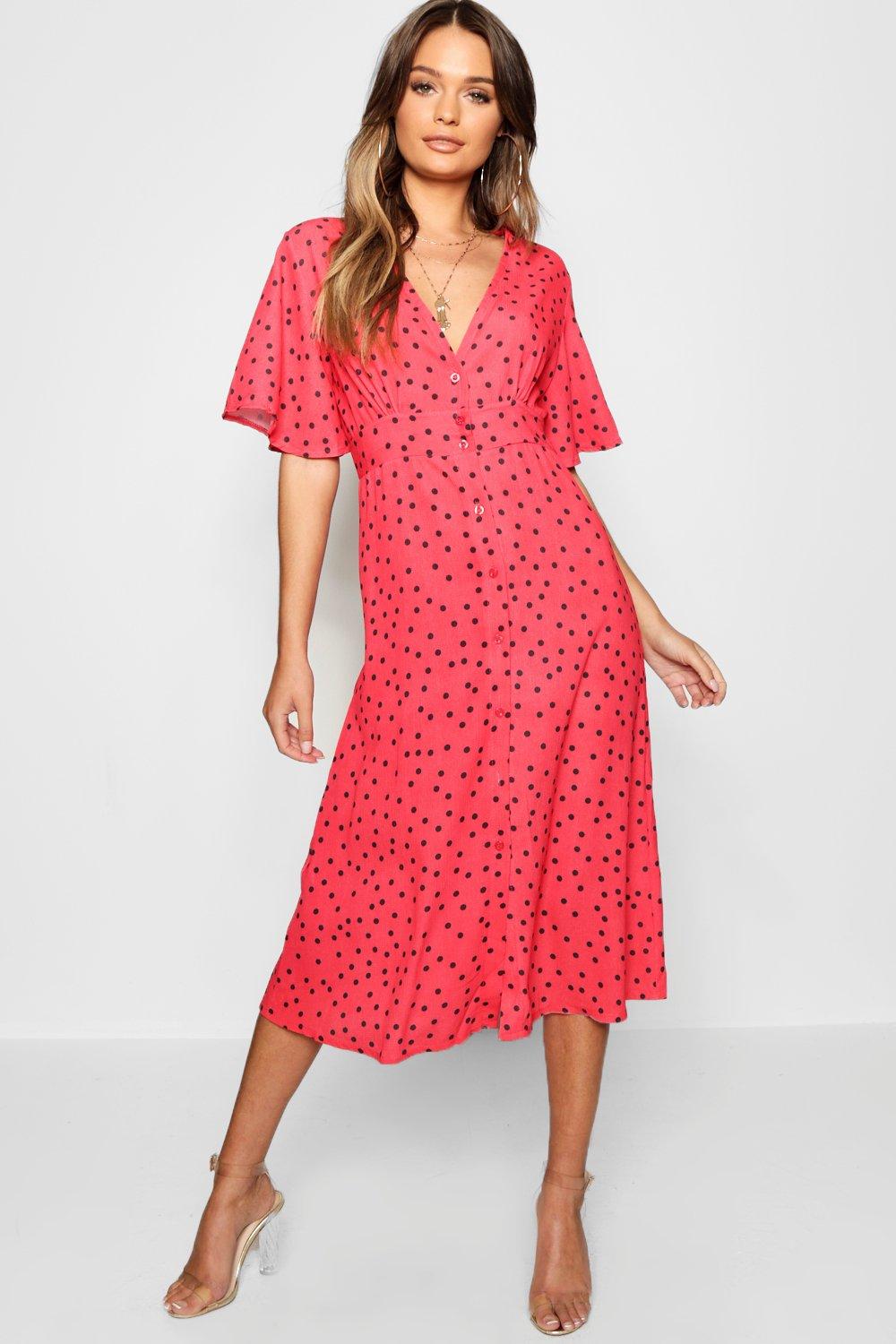 red button through midi dress