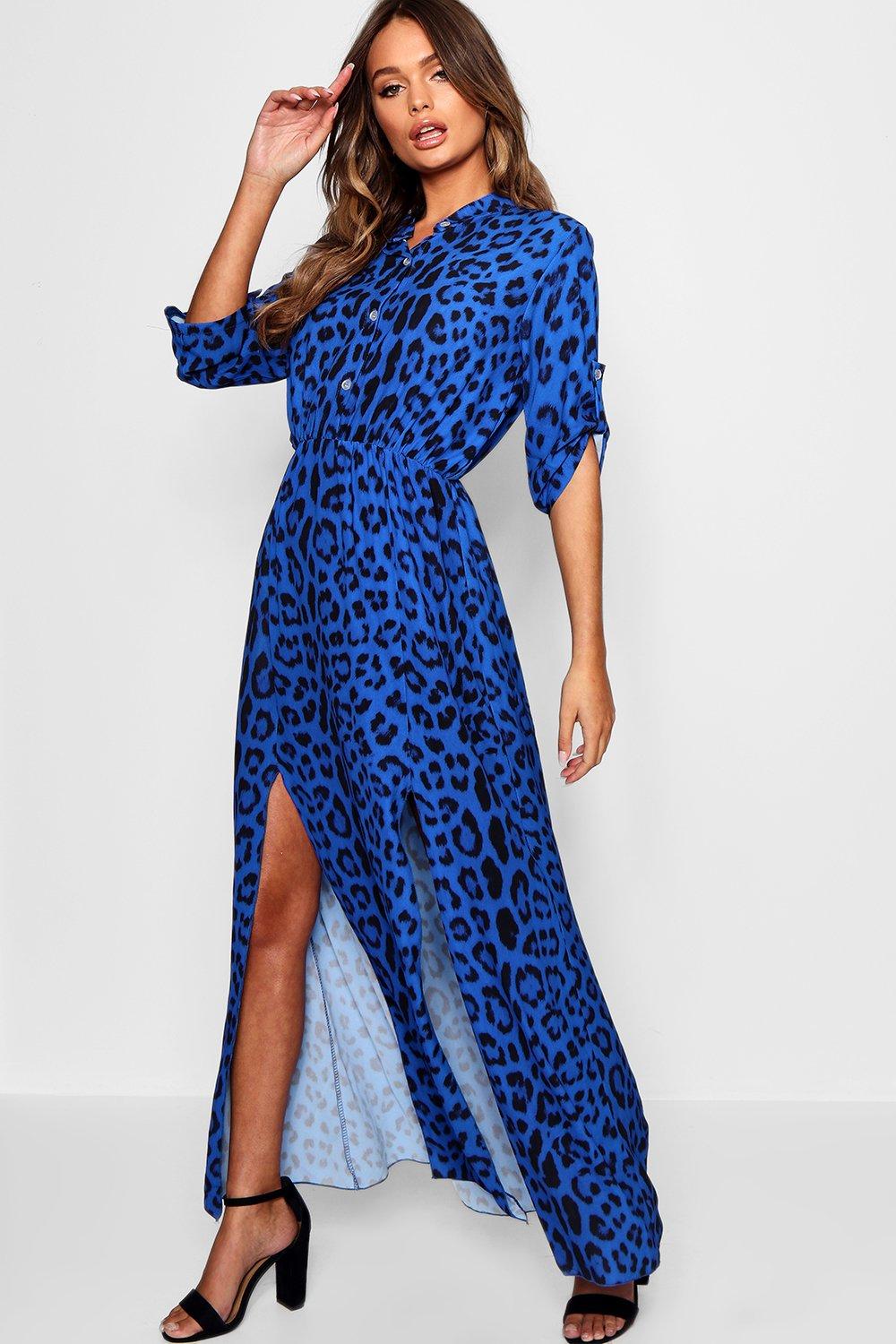 blue leopard print maxi dress