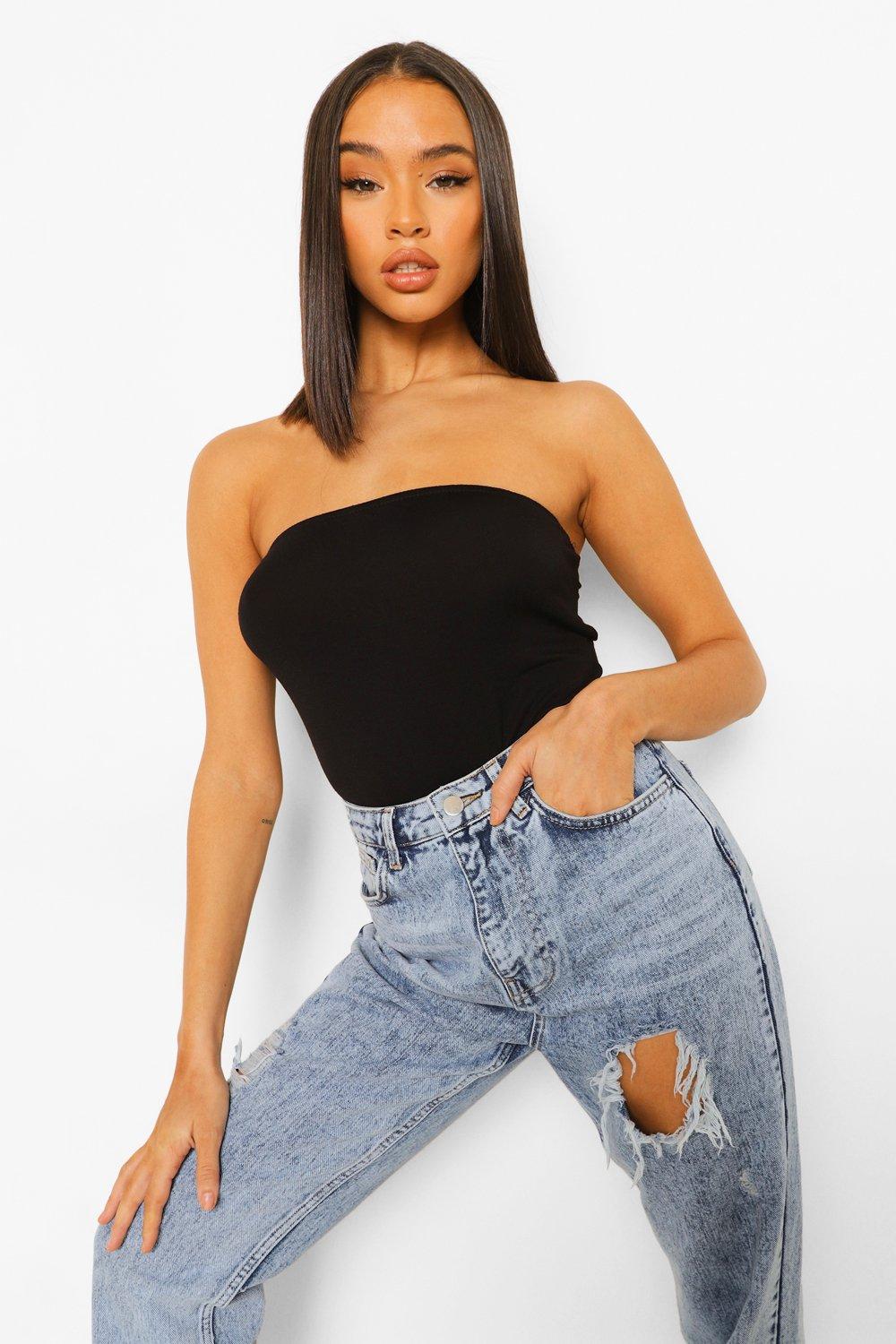 Buy Boohoo Basic Cotton Bandeau Bodysuit Top In Black